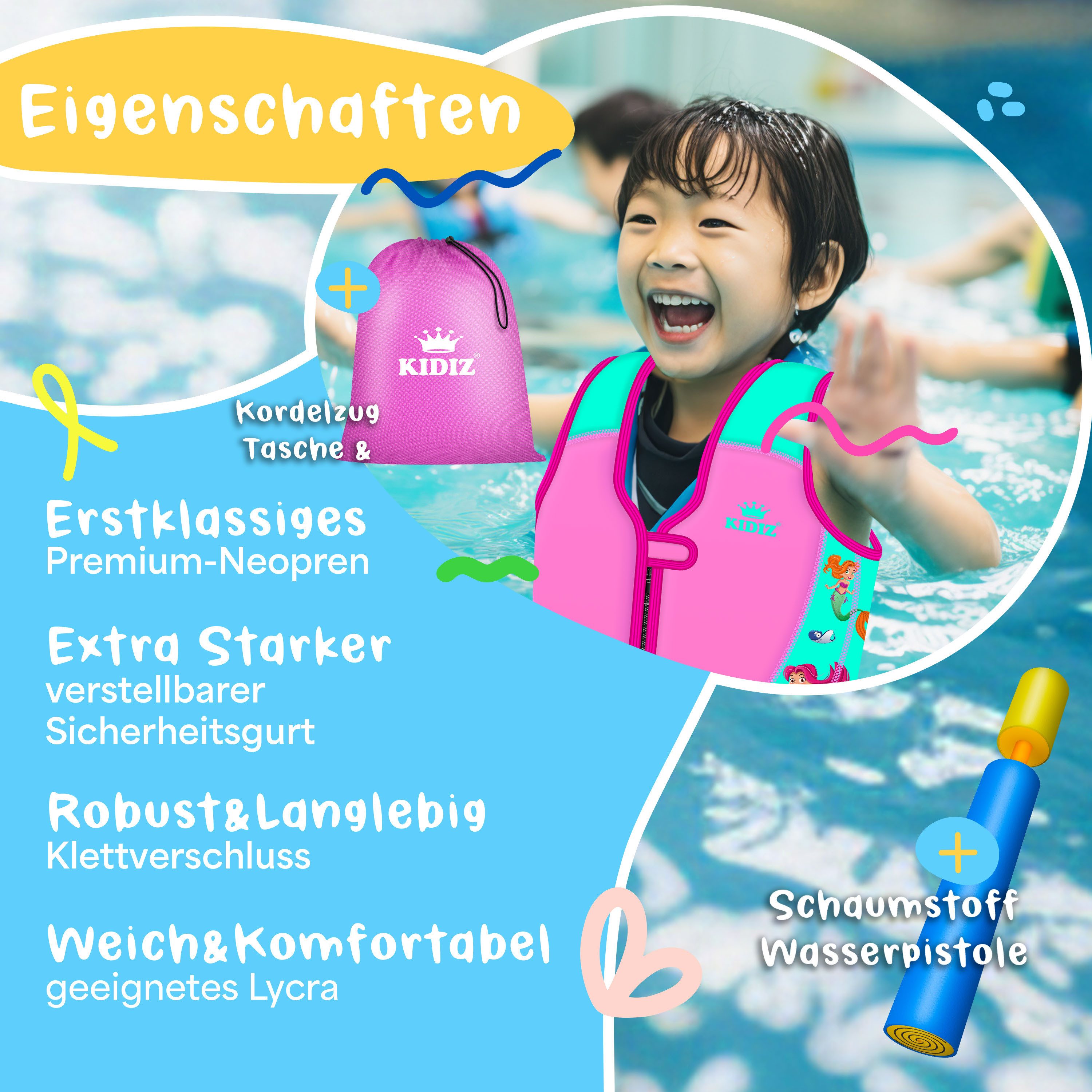 KIDIZ Schwimmweste für Babys von 1 bis 2 Jahre (S - Brustumfang bis 51cm) Schwimmhilfe, Schwimm-Lernhilfe Weste für Jungen & Mädchen