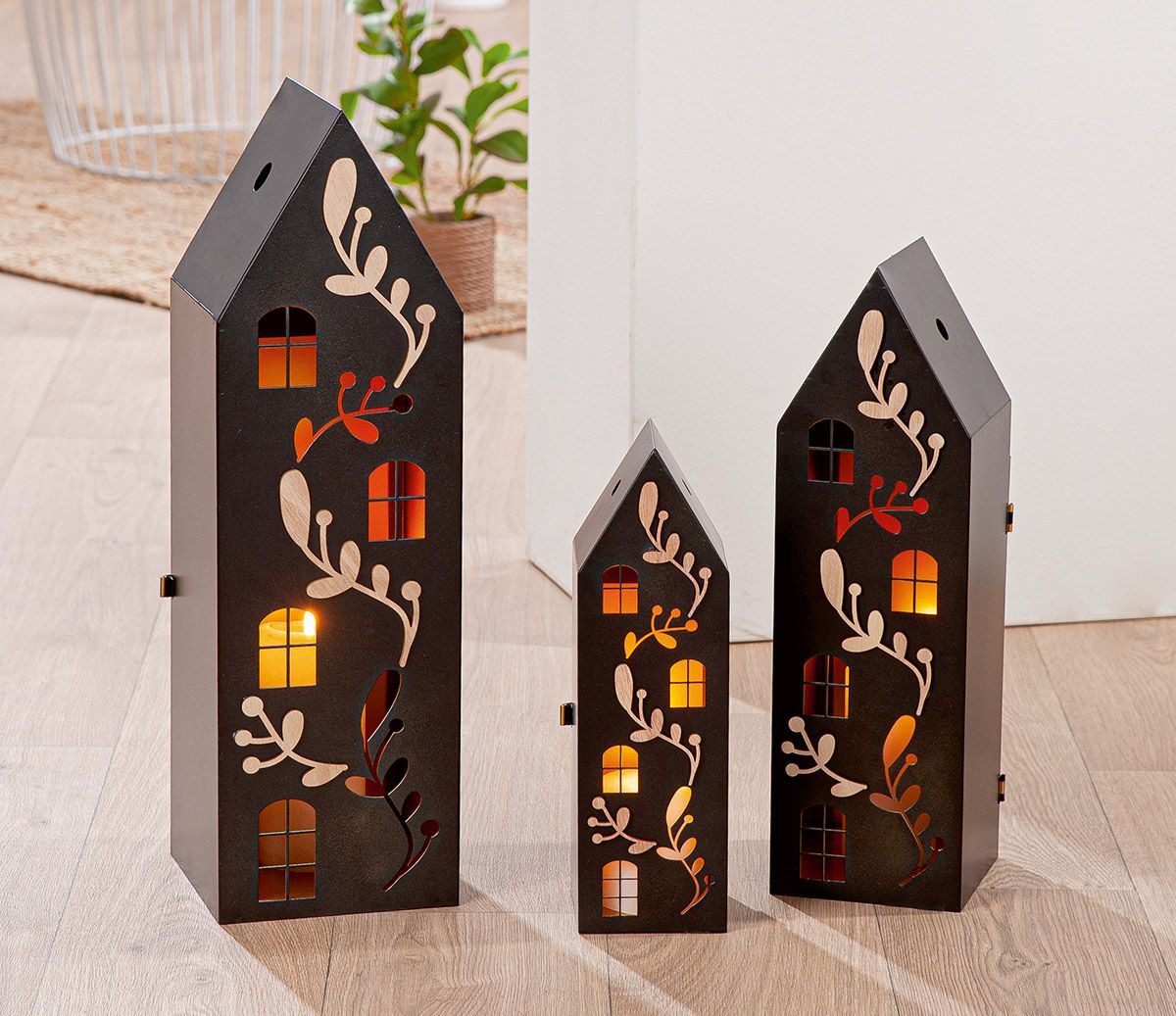 MF Kerzenlaterne 3-teiliges Laternen Set Hauszauber – Schwarz Gold mit Rankenmotiv (3 St)