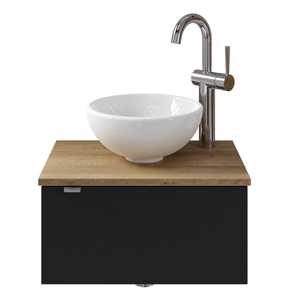 Lomadox Wickeltisch AMADORA-66, schwarz mit Eiche Nb., 50 cm, Türanschlag rechts, Keramikwaschbecken
