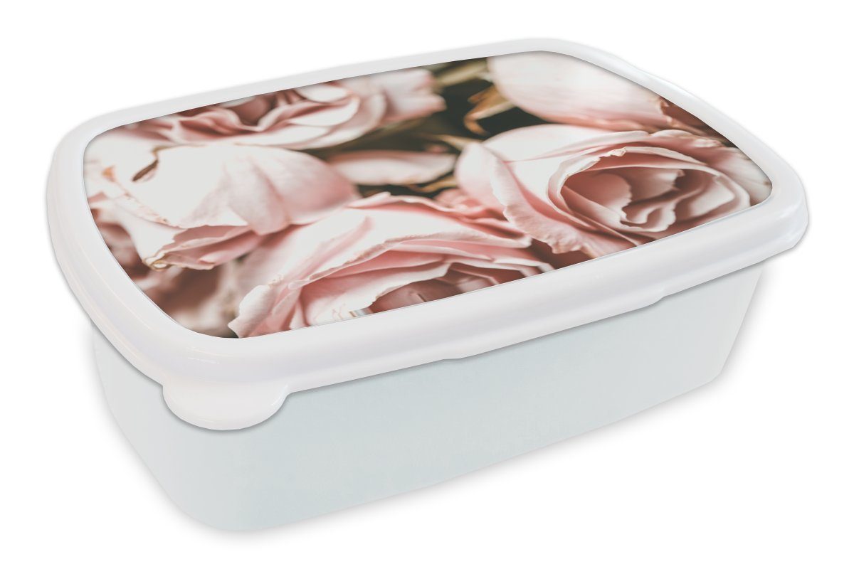 MuchoWow Lunchbox Rosen - Rosa - Vintage, Kunststoff, (2-tlg), Brotbox für Kinder und Erwachsene, Brotdose, für Jungs und Mädchen weiß