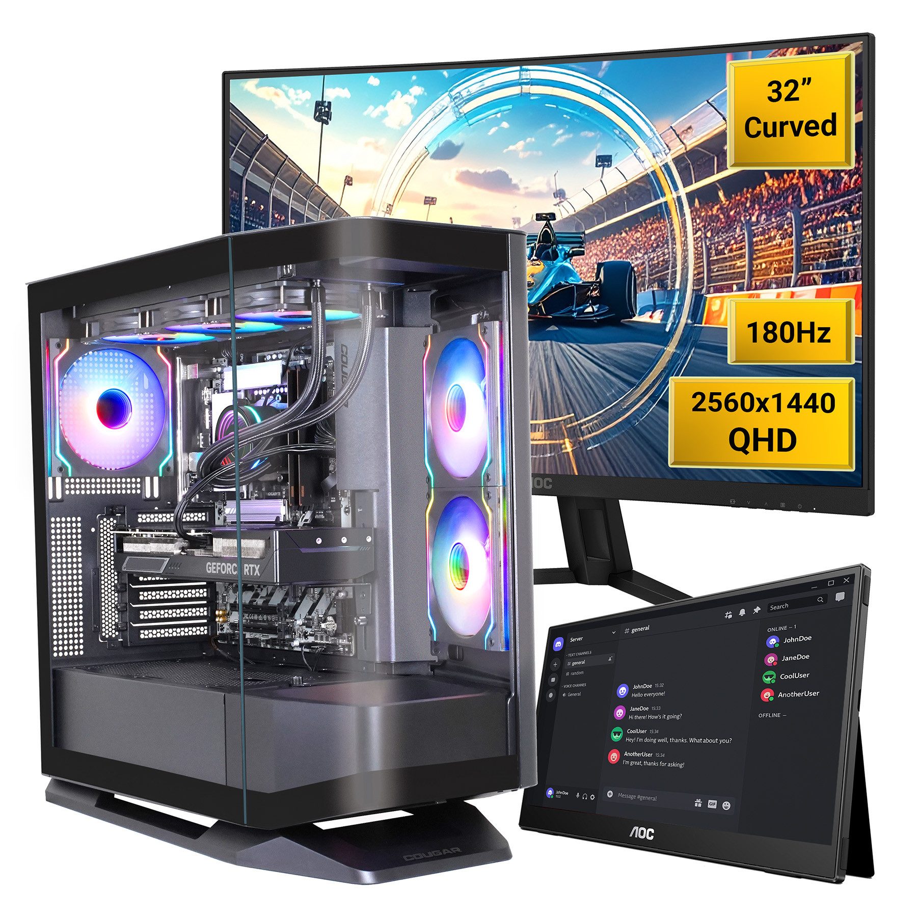 Cougar FV270 BK SET2661 Intel Core Ultra 5 245KF RTX 5070 32GB DDR5 1TB SSD Gaming-PC-Komplettsystem (32", Intel® Core Ultra 5 245KF, RTX 5070, 32 GB RAM, 1000 GB SSD, Windows 11, DDR5 RAM + AOC 32" Curved Gaming-Monitor + AOC 16" Monitor)