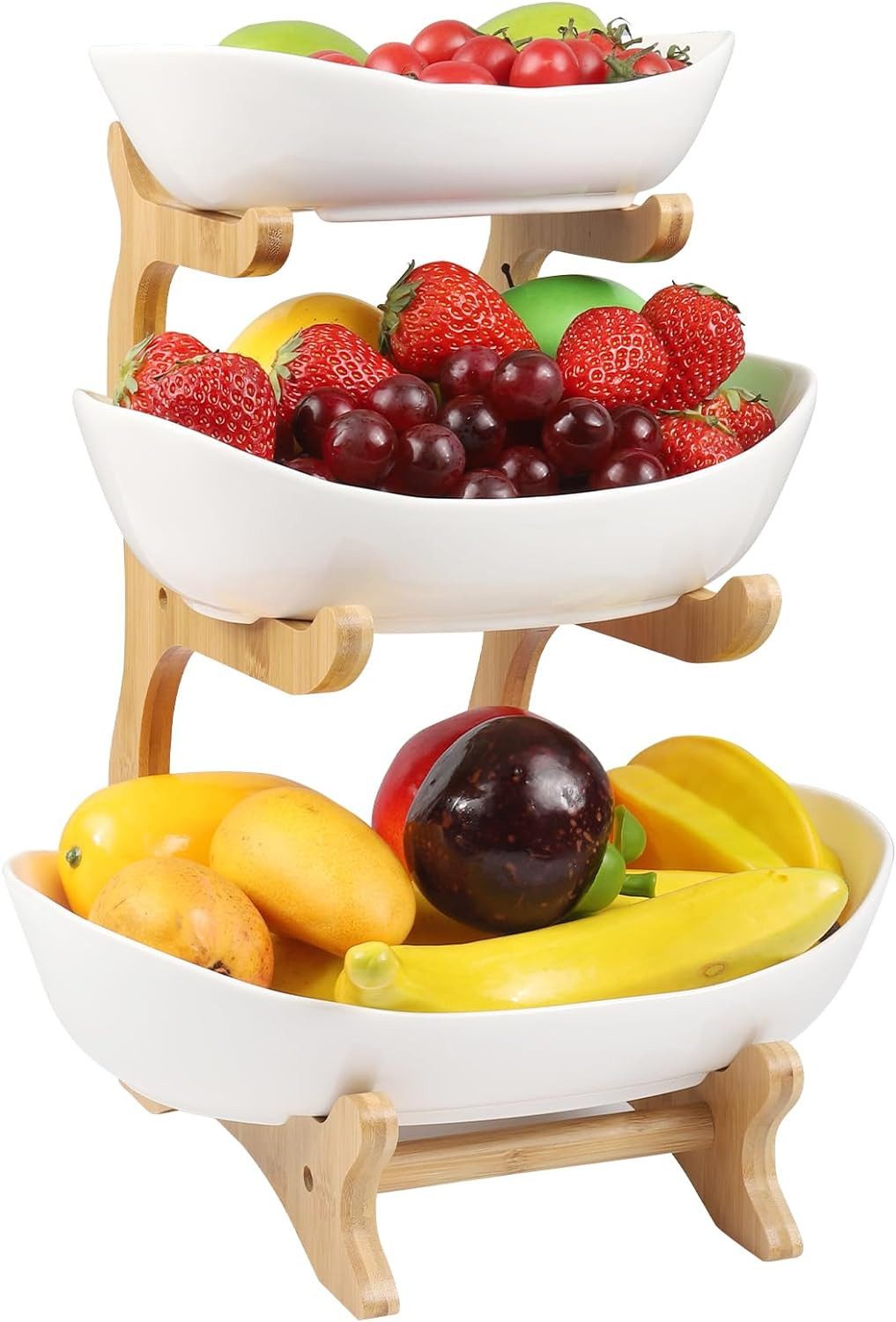 Refined Living Etagere Obstschale, Fruchtkuchen Stehen, 3-stöckiger Keramik-Obstkübel, Bambusholz + Keramik C, (Keramik Obstschale, Obstablage mit Holzständer, Dekorative Obstablage, Mehrstöckige Obstschale, Küchenablagekorb, Küchenablagekorb und Dekoschalen für die Arbeitsplatte, 1-tlg., Große Kapazität & Platzsparend, BPA-freie Keramik), für Küchendekoration Gemüse Obst Snacks, Süßigkeiten, Kleine Kuchen