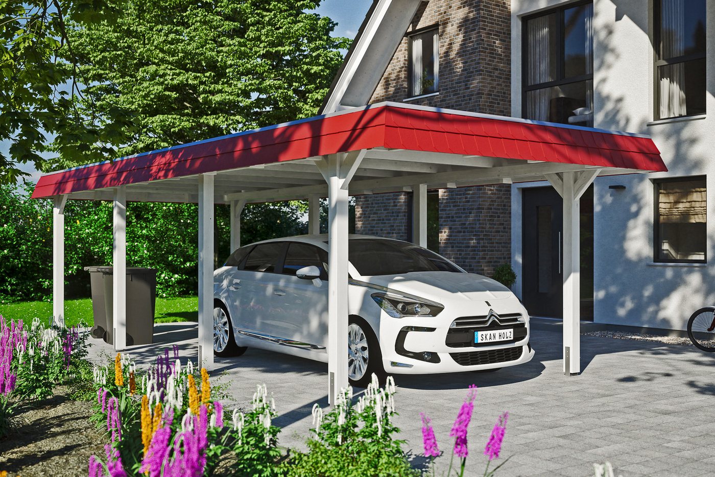 Thumbnail - Skanholz Einzelcarport Wendland, BxT: 362x870 cm, 206 cm Einfahrtshöhe, mit EPDM-Dach, rote Blende