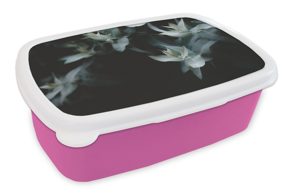 MuchoWow Lunchbox Eukalyptuszweige auf dunklem Hintergrund, Kunststoff, (2-tlg), Brotbox für Erwachsene, Brotdose Kinder, Snackbox, Mädchen, Kunststoff rosa