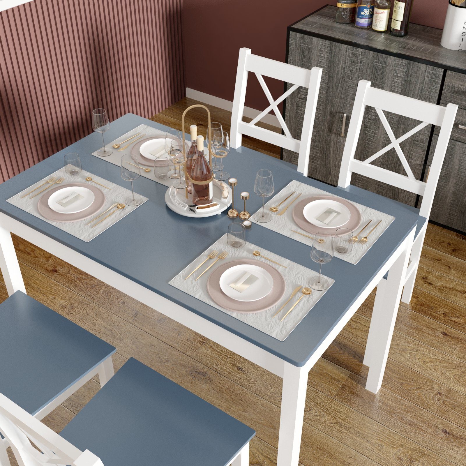 Mondeer Marineblau (Set, Tisch, 4 und 3-tlg), Dunkelblau Stühle Essgruppe 1
