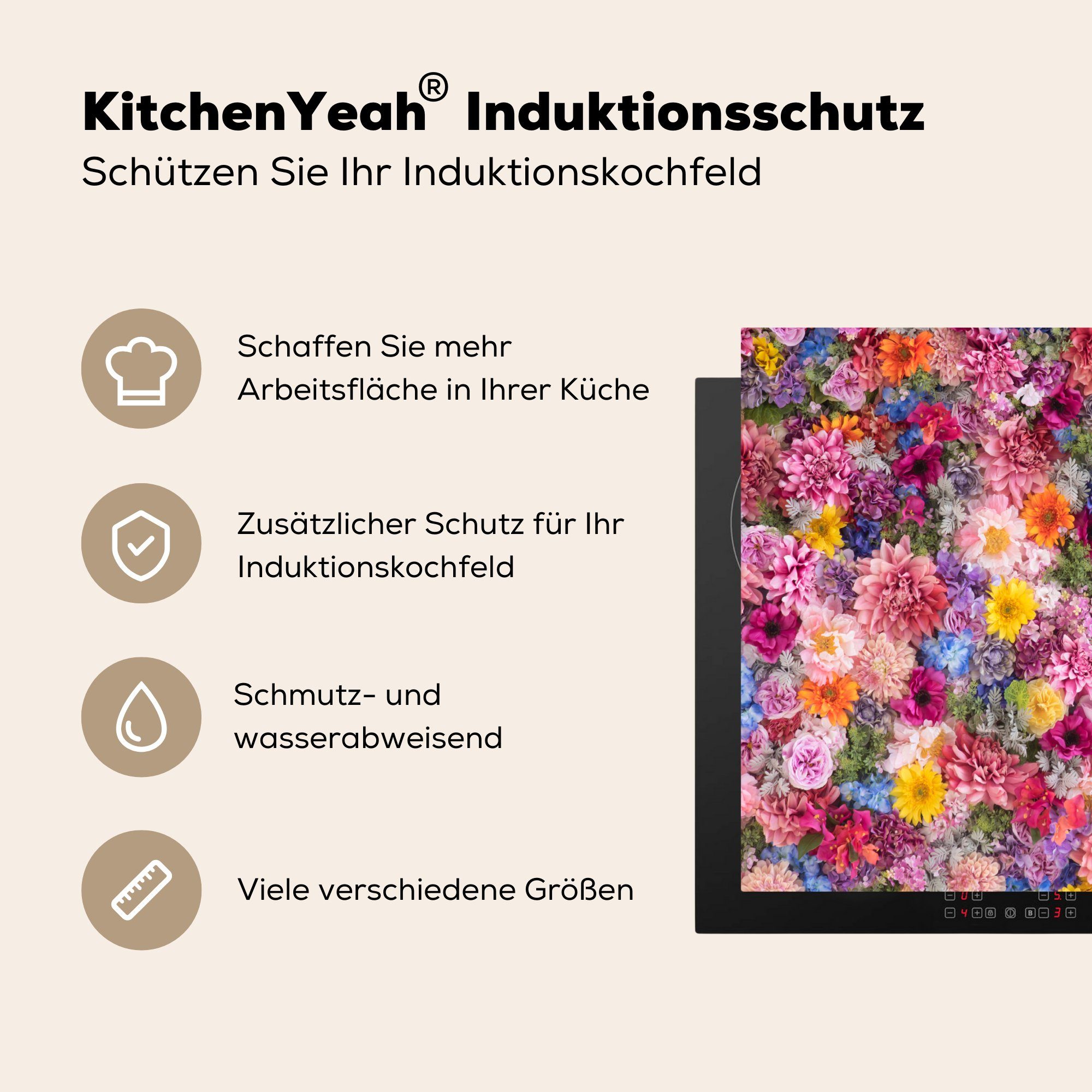 MuchoWow Herdblende-/Abdeckplatte Blumen - - küche, (1 Farben Collage, die Induktionsmatte für tlg), cm, 59x52 Vinyl, Ceranfeldabdeckung