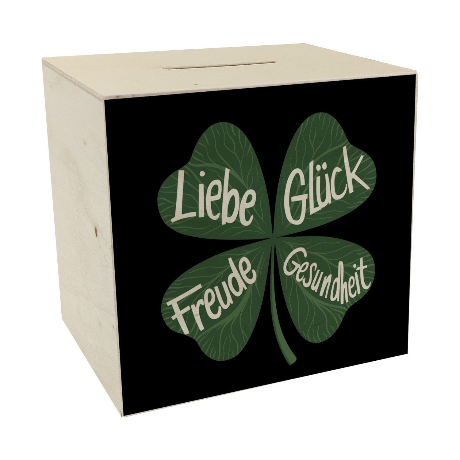 Spardose Kleeblatt Spardose aus Holz mit guten Wünschen