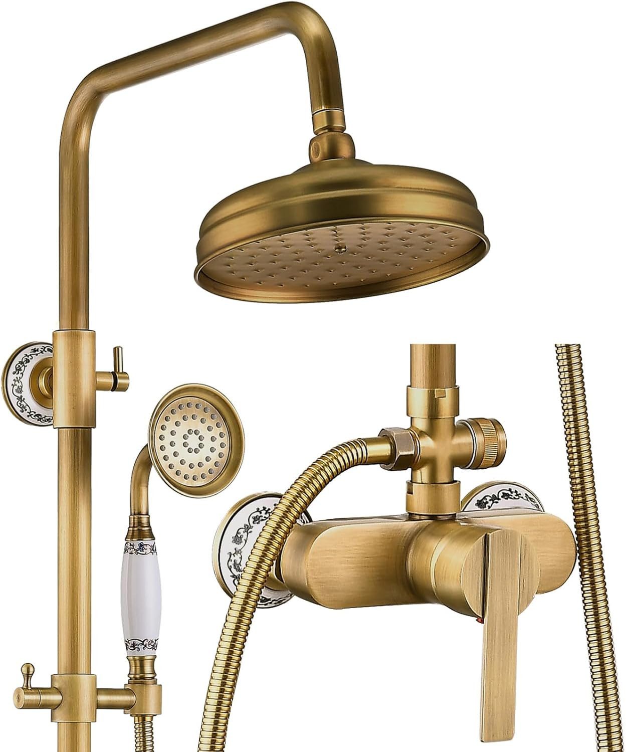 Oihpaw Duschsystem us Messing, goldfarbenes Duschset mit Kopf- und Handbrause, höhen- und neigungsverstellbare Stütze, Duscharmatur