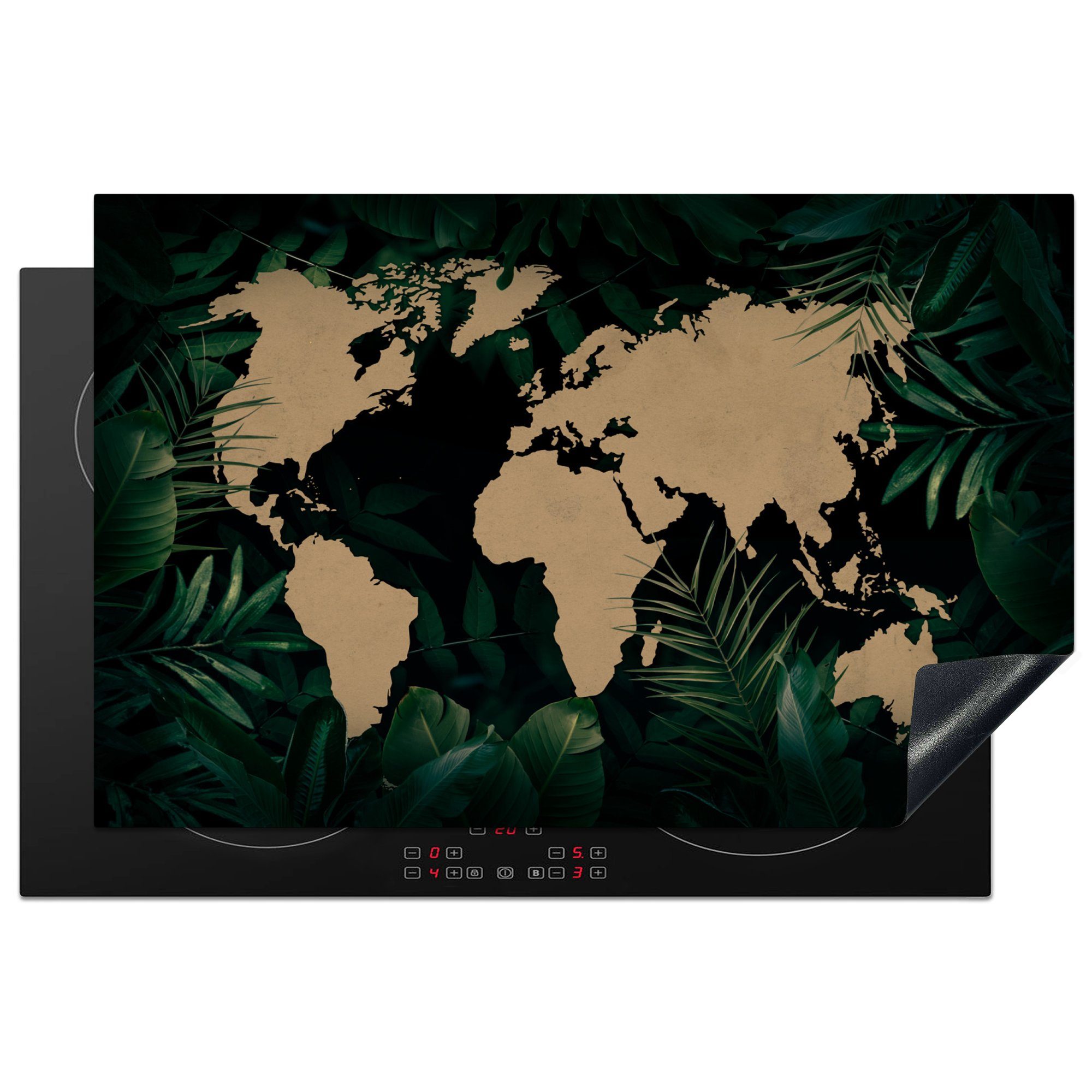 MuchoWow Herdblende-/Abdeckplatte Weltkarte - Pflanzen - Tropische Pflanzen, Vinyl, (1 tlg), 81x52 cm, Induktionskochfeld Schutz für die küche, Ceranfeldabdeckung