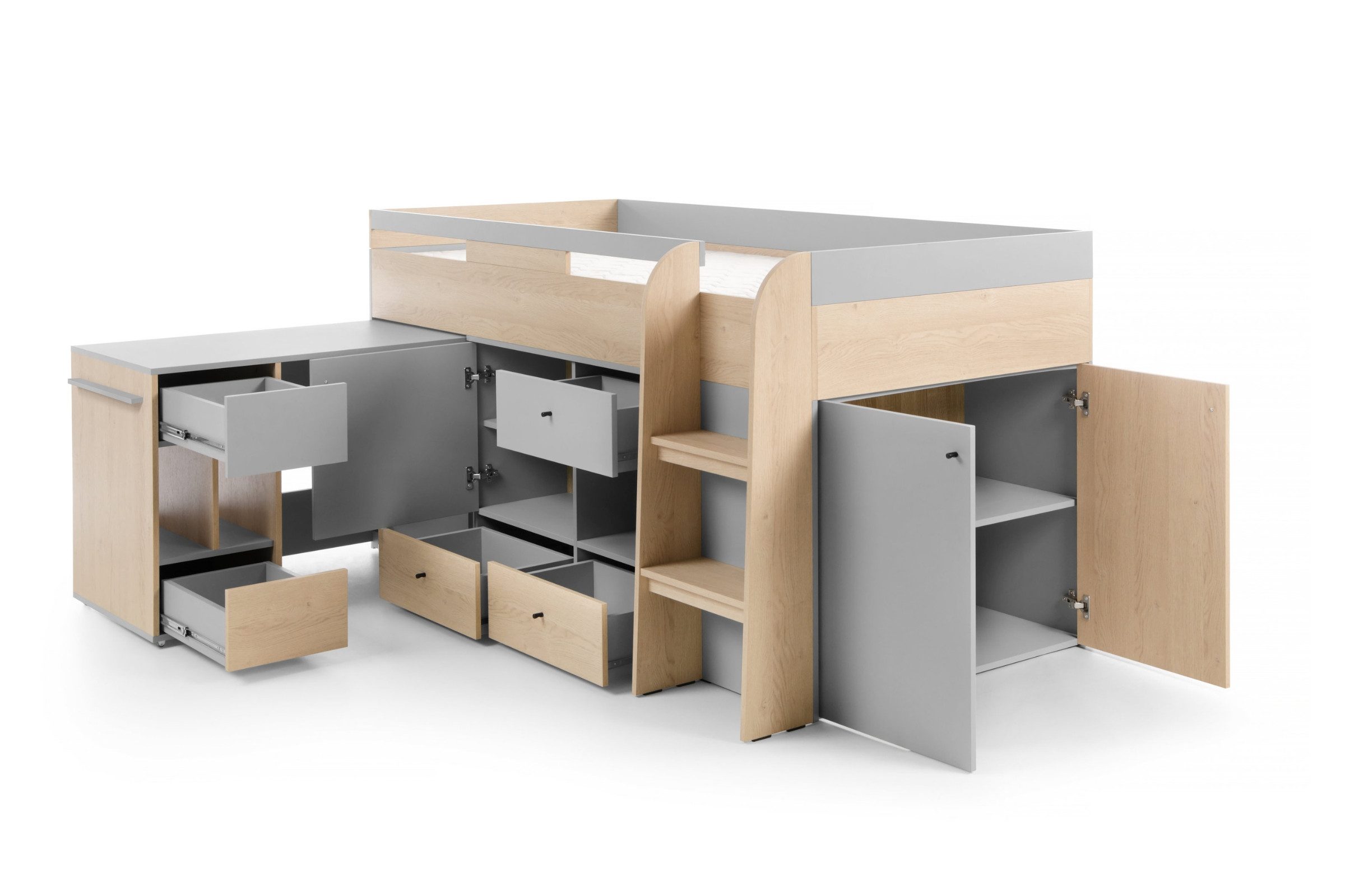 Deine Möbel 24 Funktionsbett OLAF 08 Kinderbett Bett 90x200 cm (Set, 5 tlg), OLAF Kollektion Kinderzimmer Jugendzimmer Grau Eiche