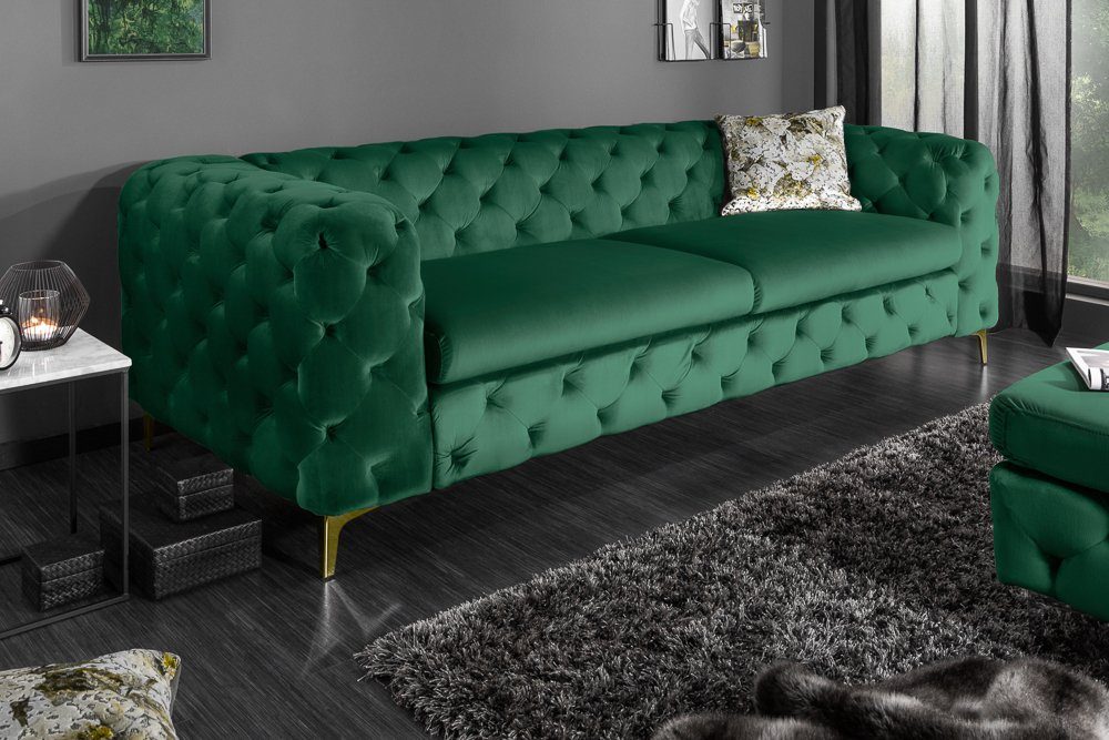 riess-ambiente Sofa MODERN BAROCK 235cm smaragdgrün / gold, 1 Teile,  Wohnzimmer · Samt · 3-Sitzer · Federkern · Chesterfield