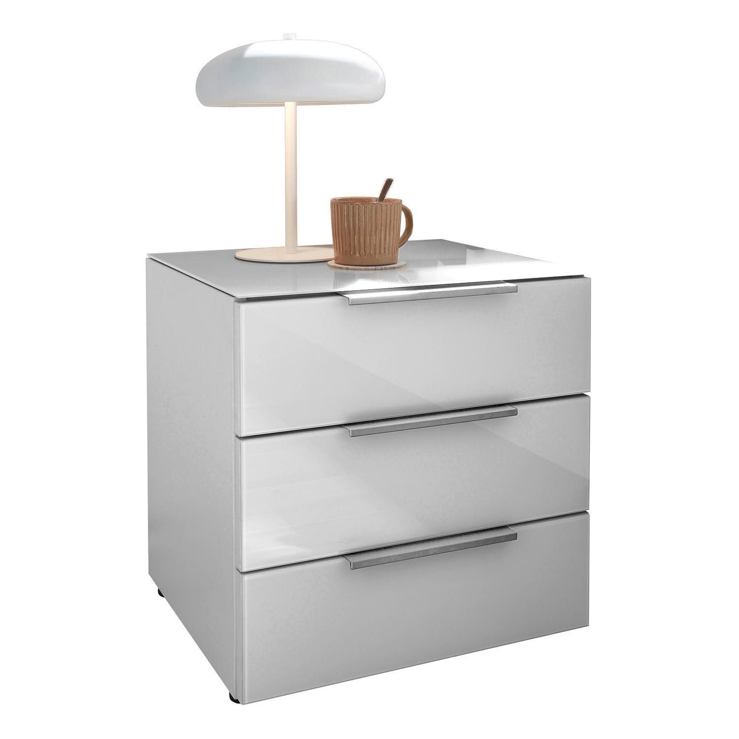 Pol-Power Nachttisch SANTORIN, 3 Schubladen, Weiß matt, Weißglas, B 45 x H 46 x T 40 cm