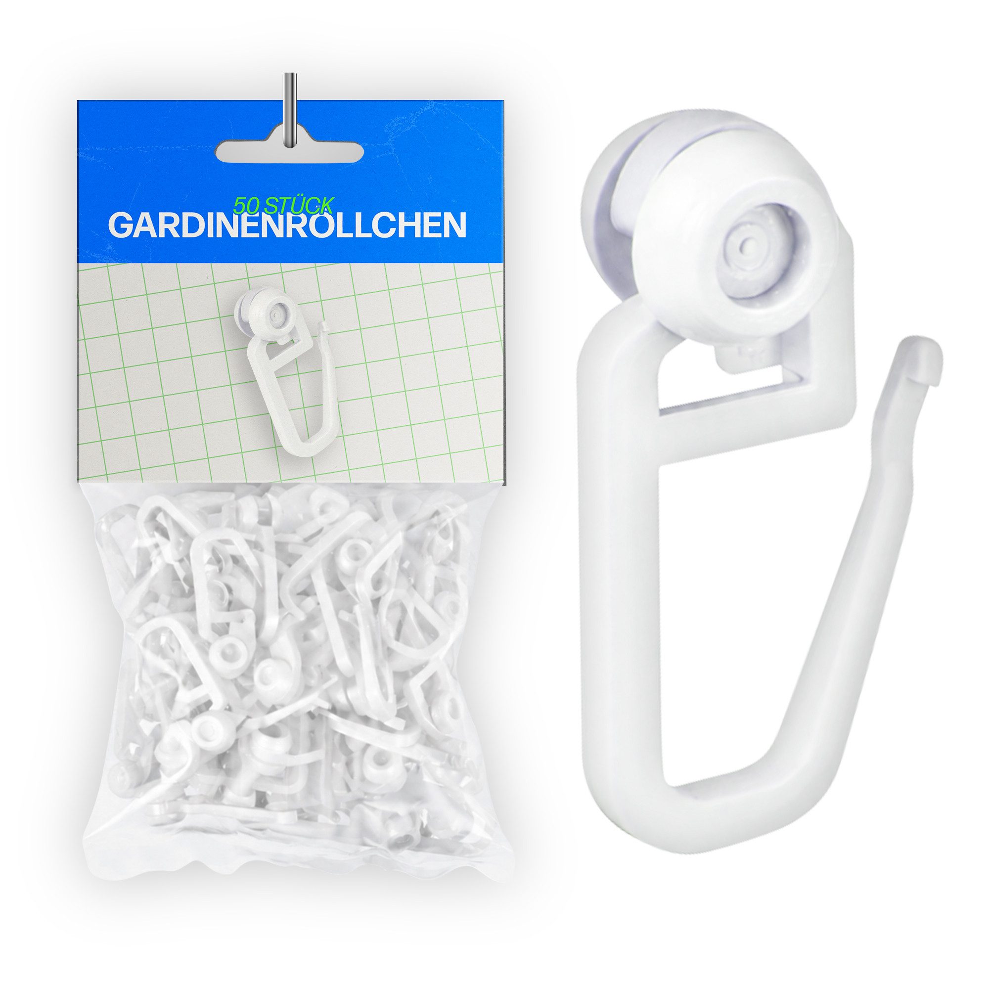 Bestlivings Gardinenröllchen Rollendurchmesser Ø8mm, Gardinenschienen mit Innenlauf, (50-St), für Innenlauf 4–6mm (Weiß) für Kräuselband, Faltenband, Universalband