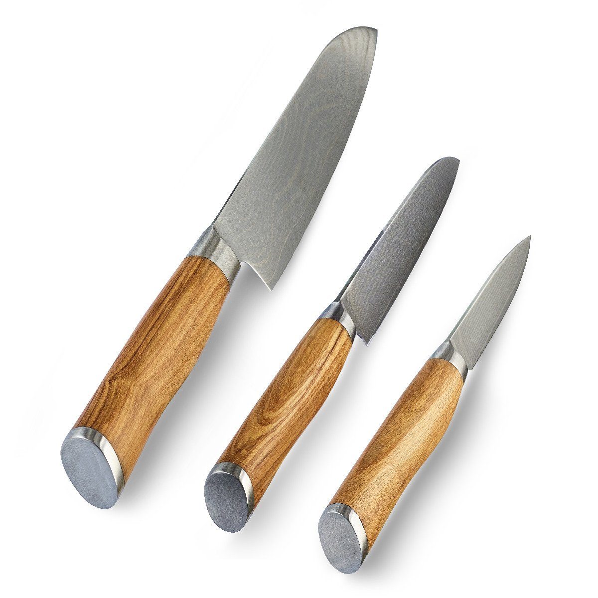 Damastmesser-Set Wakoli 3er Wakoli Messer-Set Klingen von 8,50 - Olive 17,00cm mit Holzb