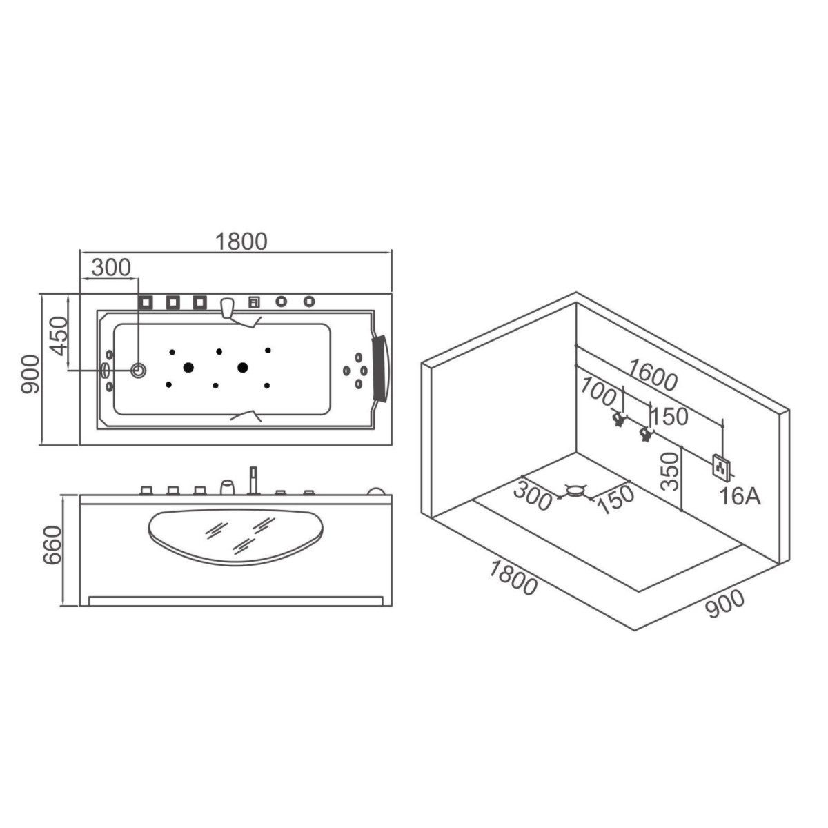 Duwilux Whirlpool-Badewanne Whirlpool 180x89 Texas Badewanne Bullauge Echtholzrand VOLLAUSSTATTUNG, (1-tlg), Heizung