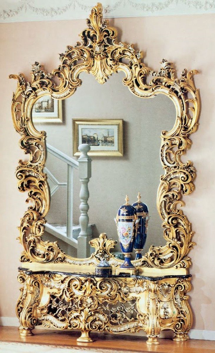 Casa Padrino Barockspiegel Luxus Hotel & / Schwarz Marmorplatte Spiegelkonsole Luxus mit Prunkvolle Made Gold - Möbel - Italy / Qualität - Schloss in Barock Silber