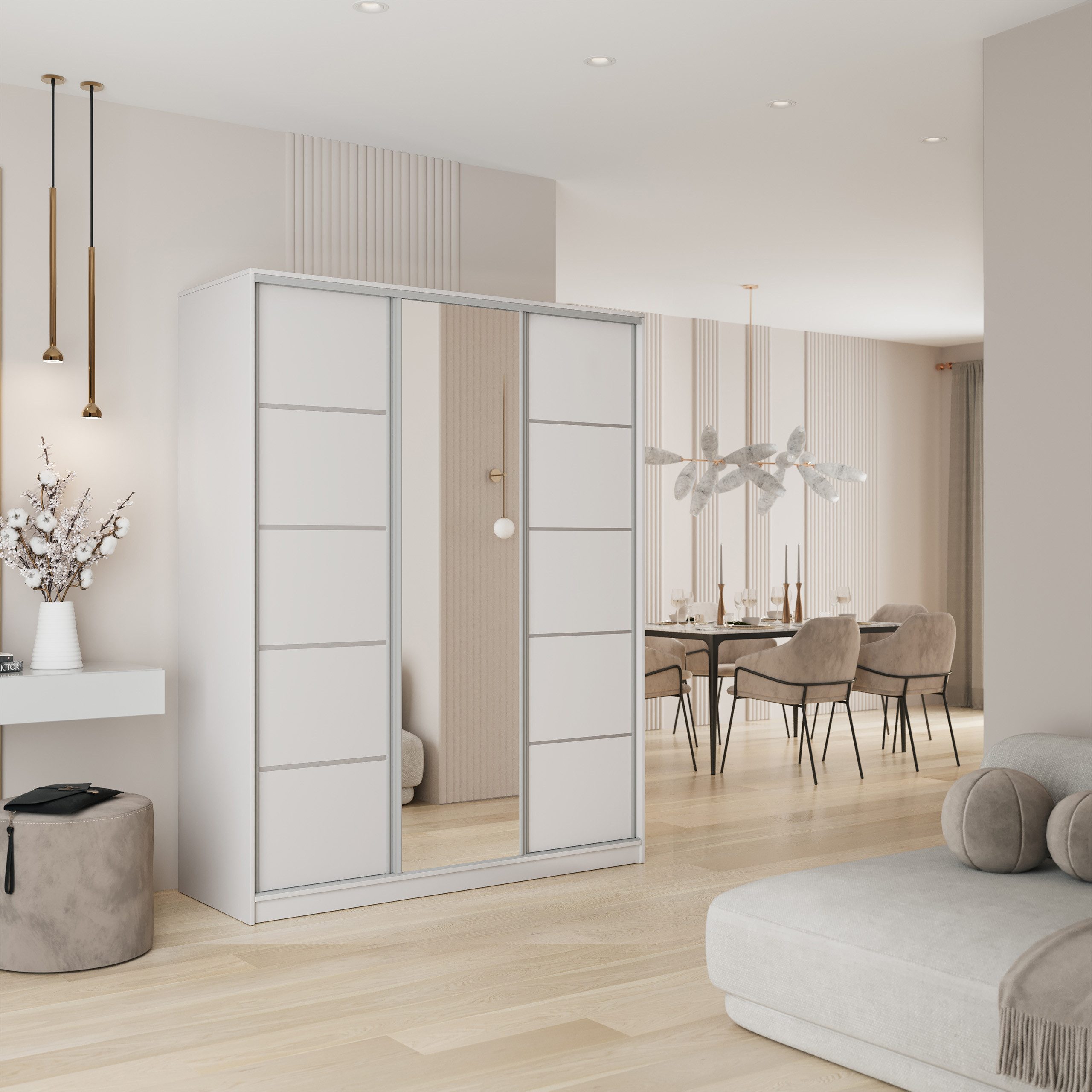 Masseno Schwebetürenschrank PINA 150 cm Kleiderschrank mit Spiegel 3 Türen und 4 Schubladen Weiß