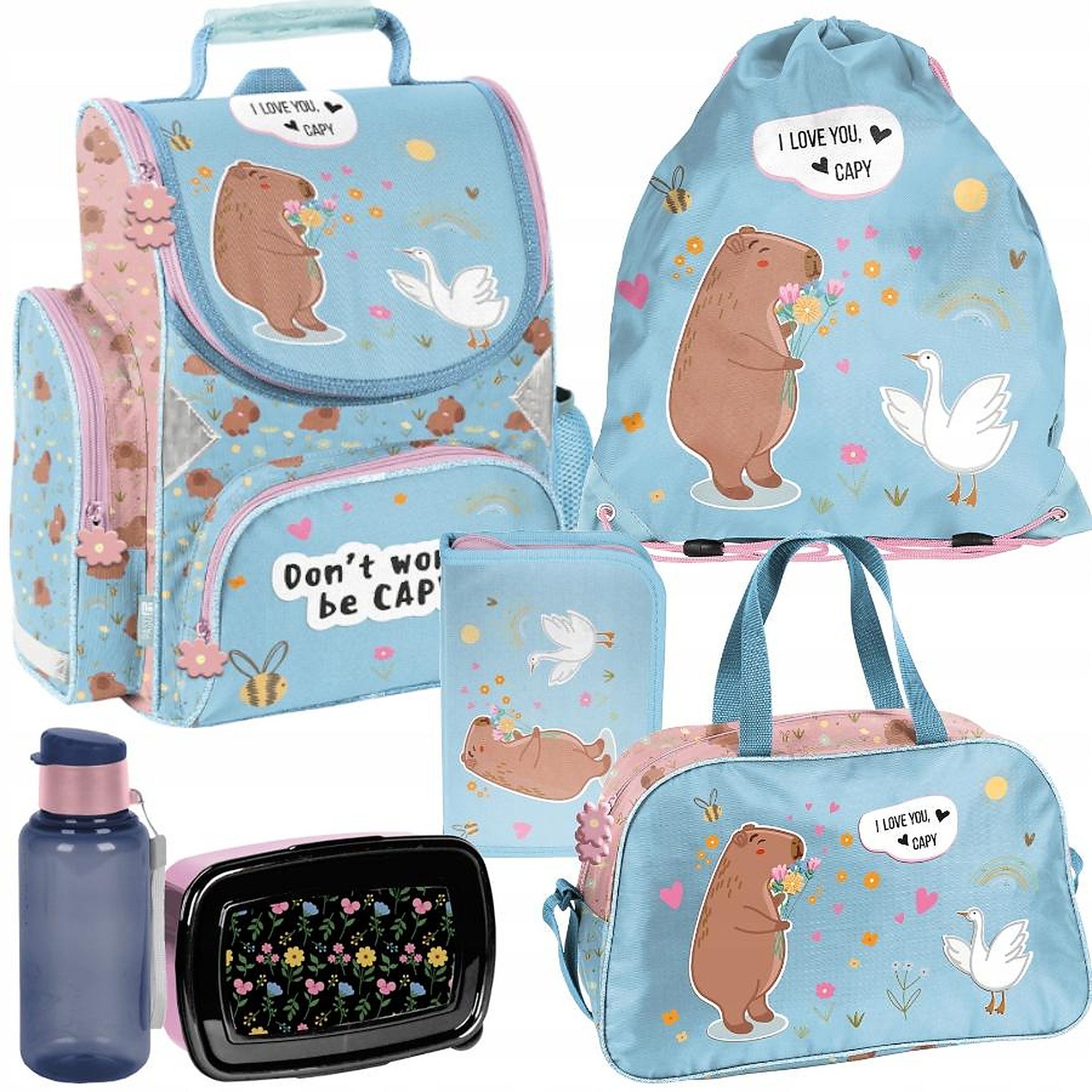 PASO Schulrucksack (Schulset, 6-tlg), Capybara, 6-tlg. Set, Hellblau