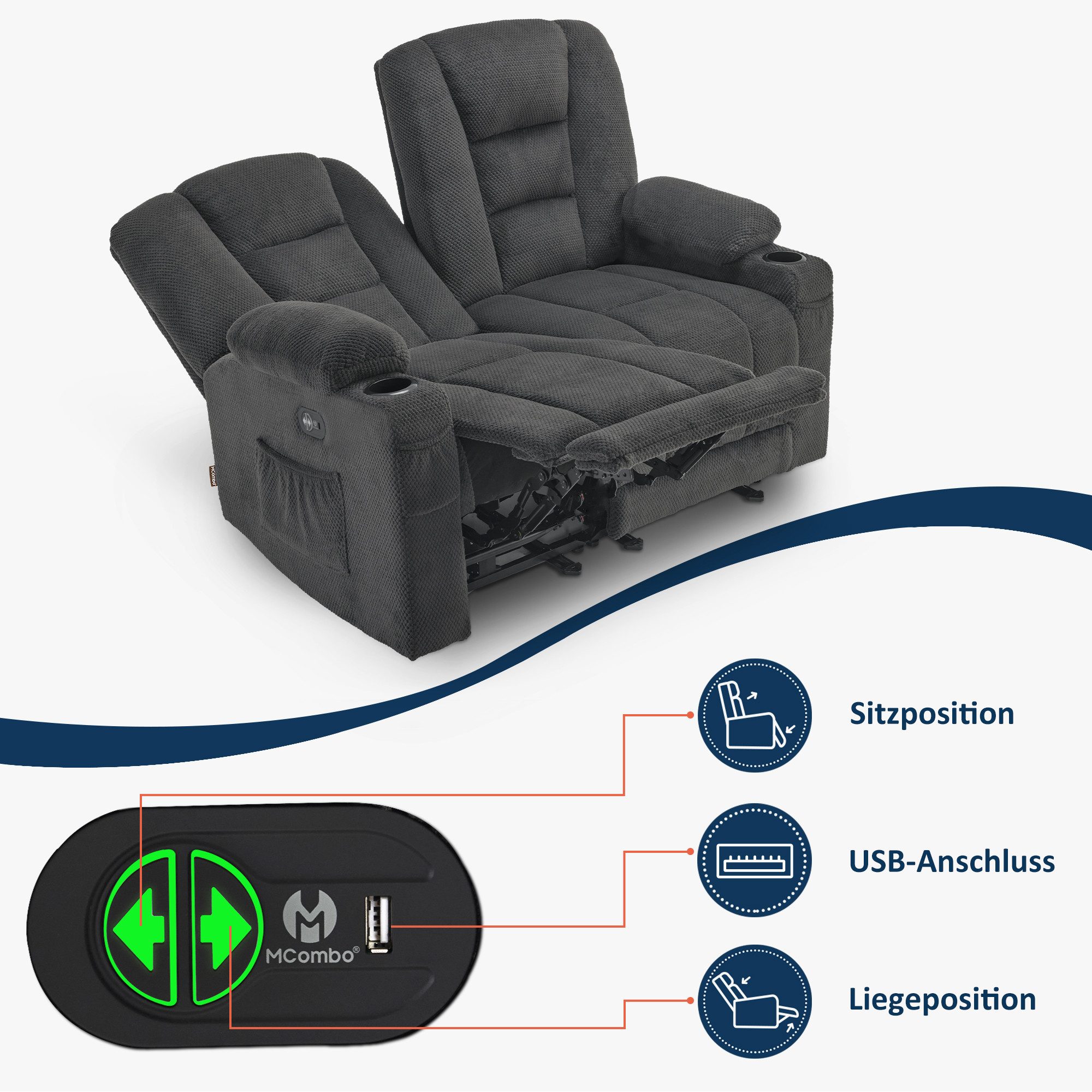 MCombo 2,5-Sitzer M MCombo Sofa 150° Verstellbar, 2er/3er Relaxsessel, 7009, mit Relaxfunktion