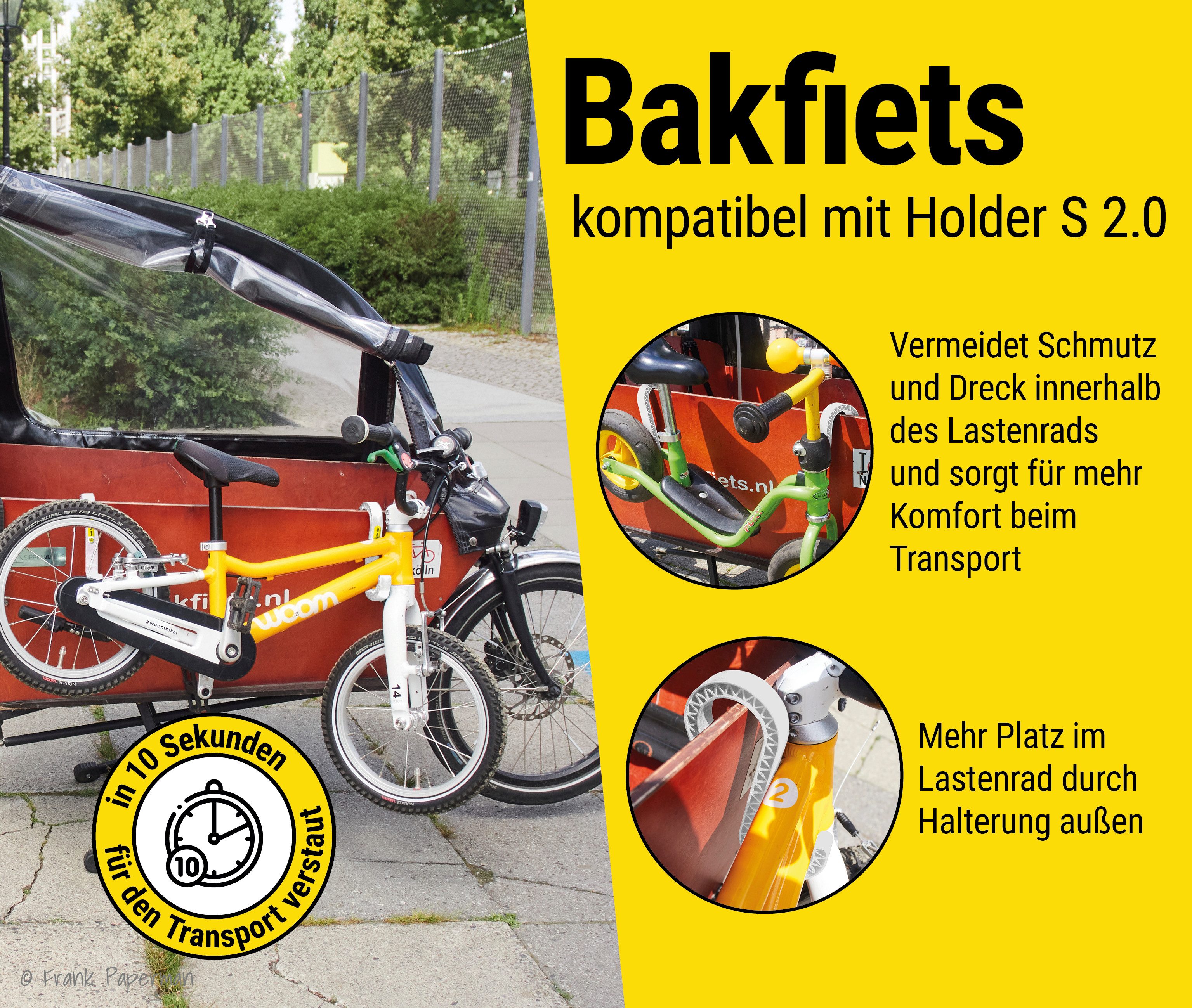 Frank Paperman bicycle cargo trailer, child bicycle holder, cargo bike transport hook for Babboe, Bakfiets, Muli, cargo bike balance bike holder