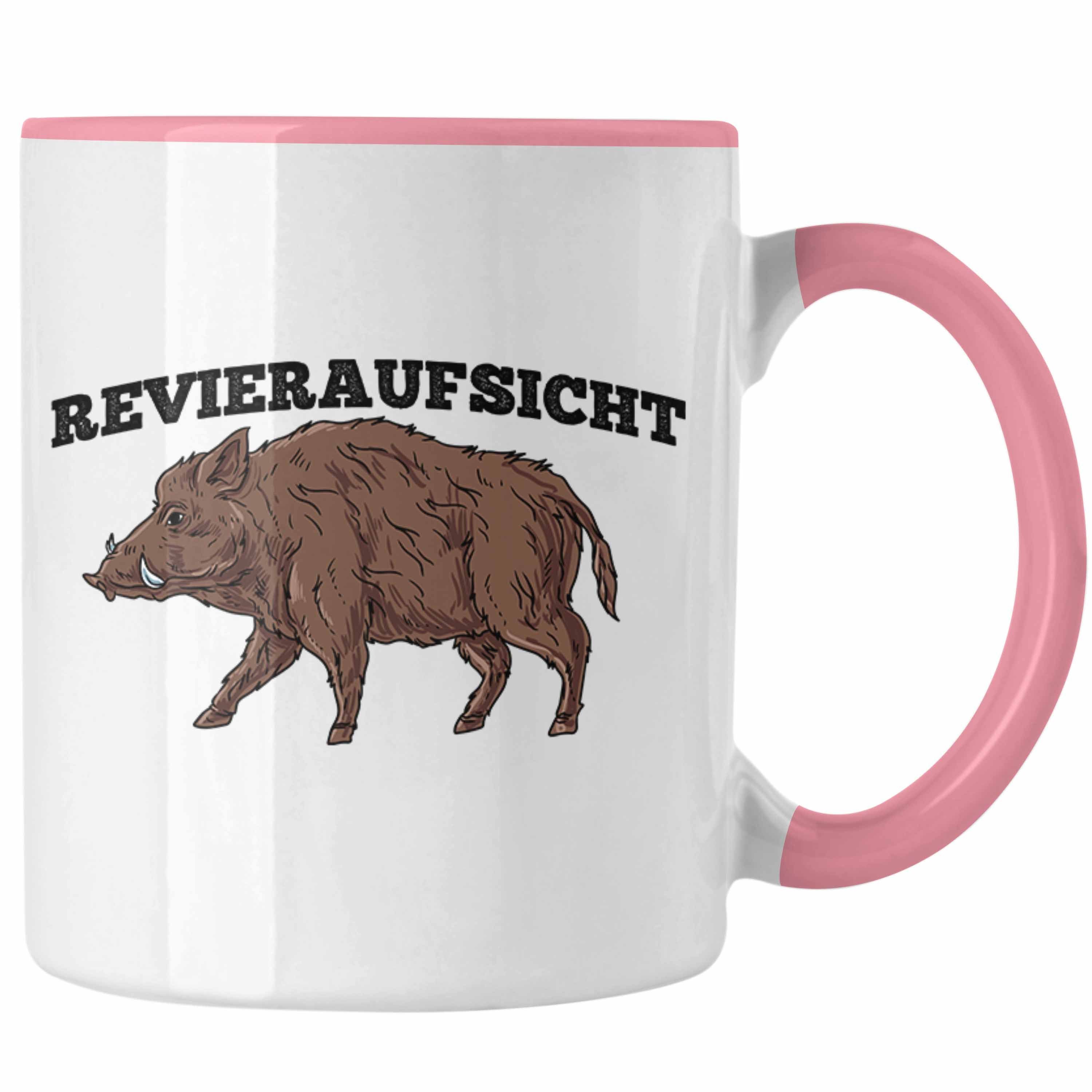 Trendation Tasse Lustige Tasse "Revieraufsicht" Wildschwein Grafik Geschenk für Jäger J Rosa