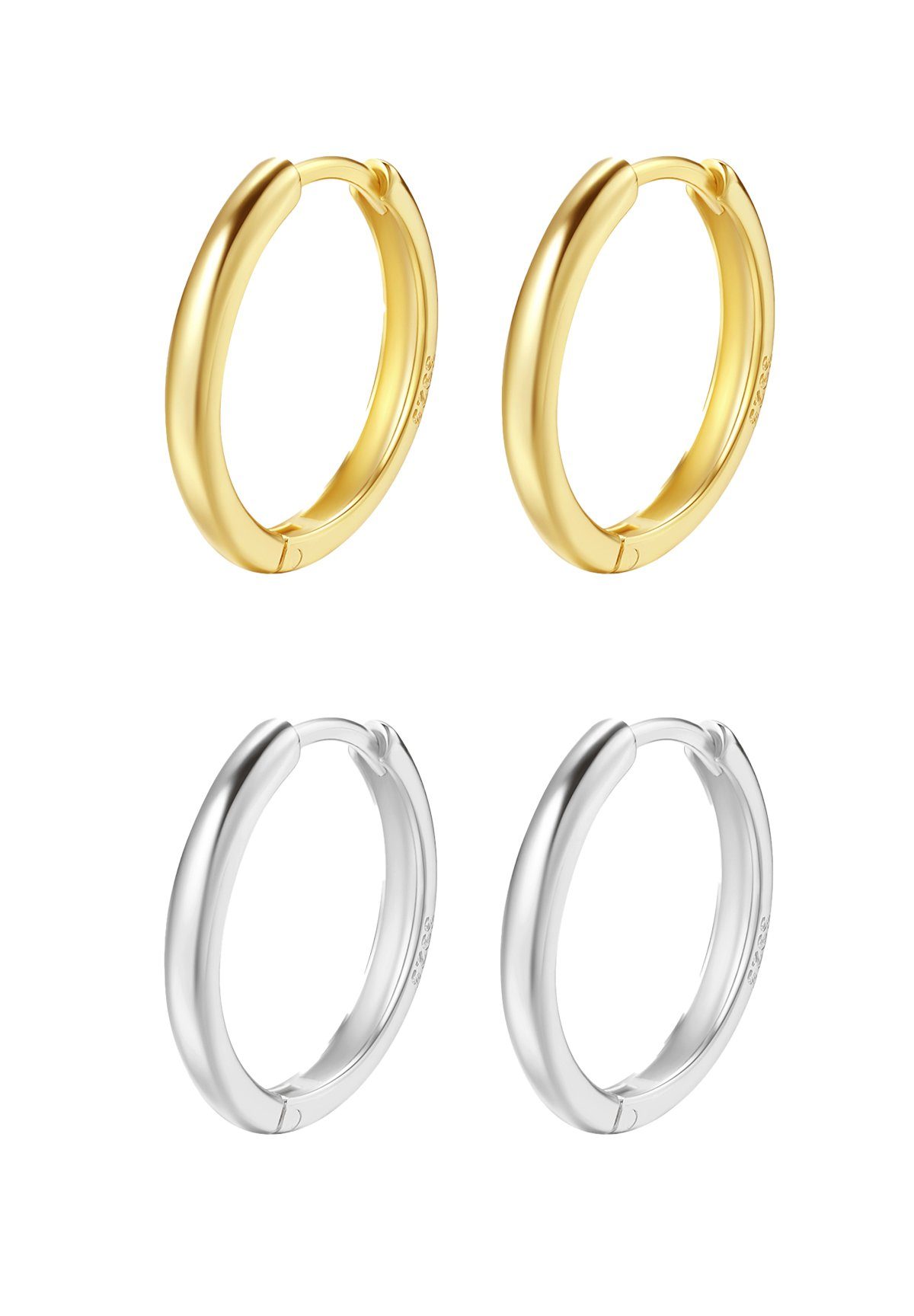 Hey Happiness Creolen-Set Layer Silber 925 klassisch zweifarbig, Basic Silber Ohrringe Set, 4er Stacking Ohrringe Set Damen klein Bicolor, 18K Gold