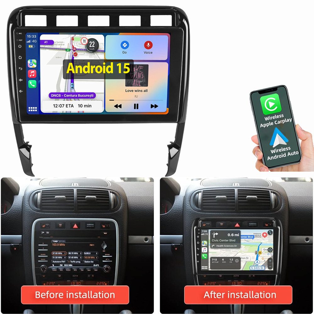 ESSGOO 9" Für Porsche Cayenne 1 9PA 2002-2010 Android 15 NAVI Autoradio (RDS, Digitalradio (DAB), FM, AM, 2 DIN Carplay Bluetooth Navigationsgeräte Rückfahrkamera (optional)
