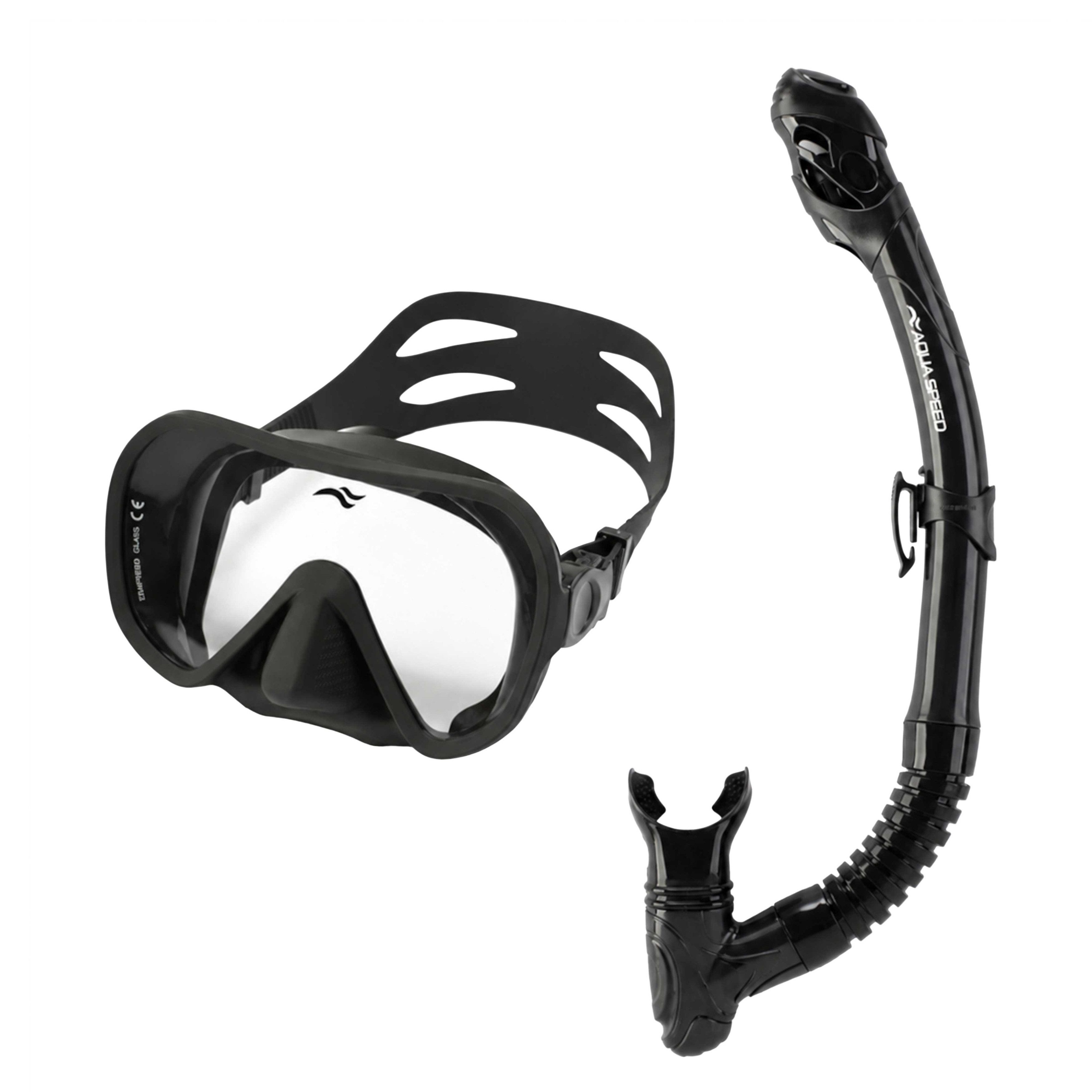 Aqua Speed Schnorchel Carprera & Elba Tauchmaske und Schnorchel Set, Taucher Set (Schwimmmaske mit gehärtetem Glas), Taucherbrille Stoffband Einzellinse