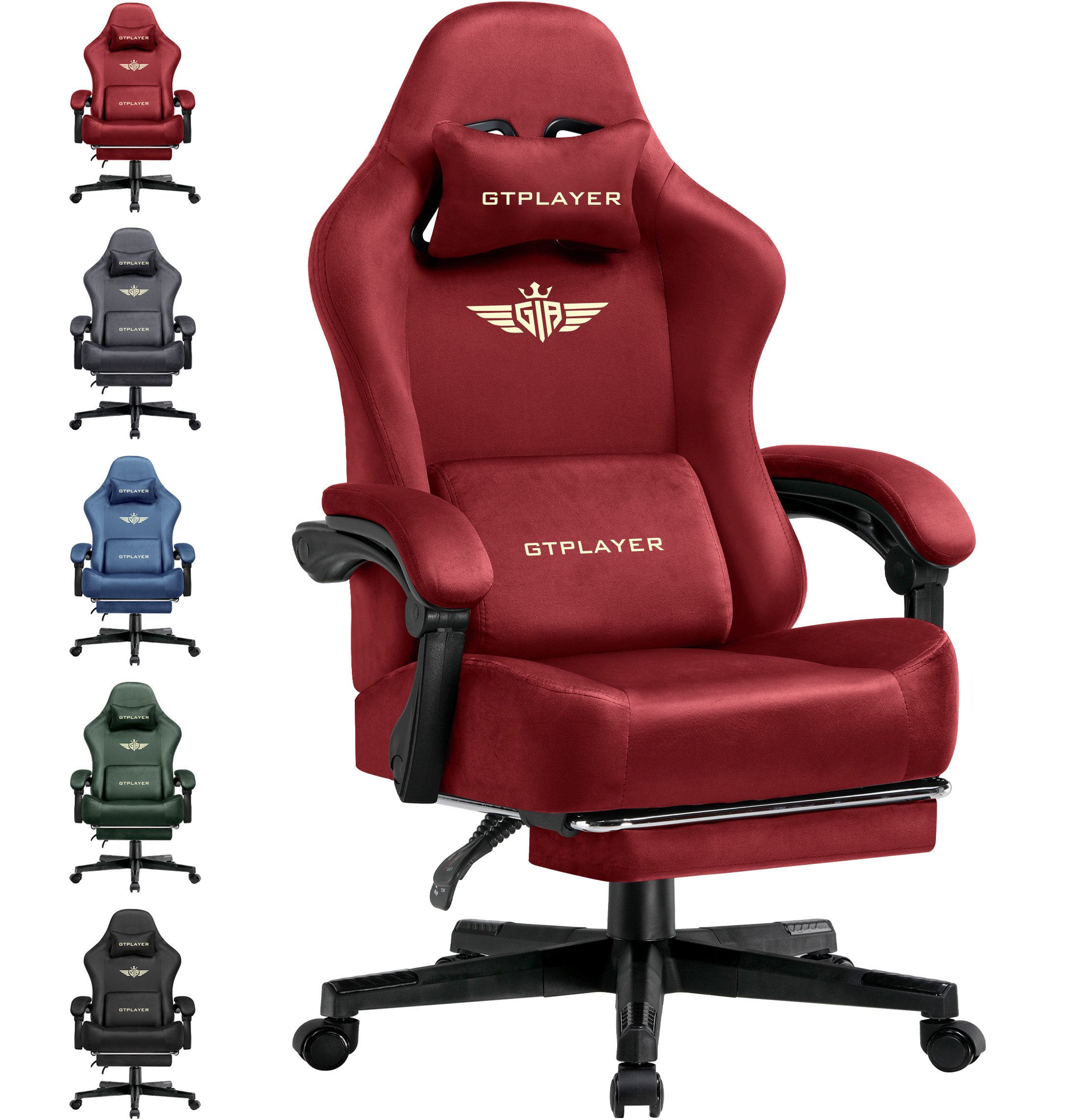 GTPLAYER Gaming-Stuhl Stoff/Kunstleder mit Taschenfederkissen großer Gamer Stuhl, 150KG (Gaming Chair mit hoher Rückenlehne und Fußstütze), Bürostuhl Gaming Sessel Gepolstert für Jugendliche und Erwachsene