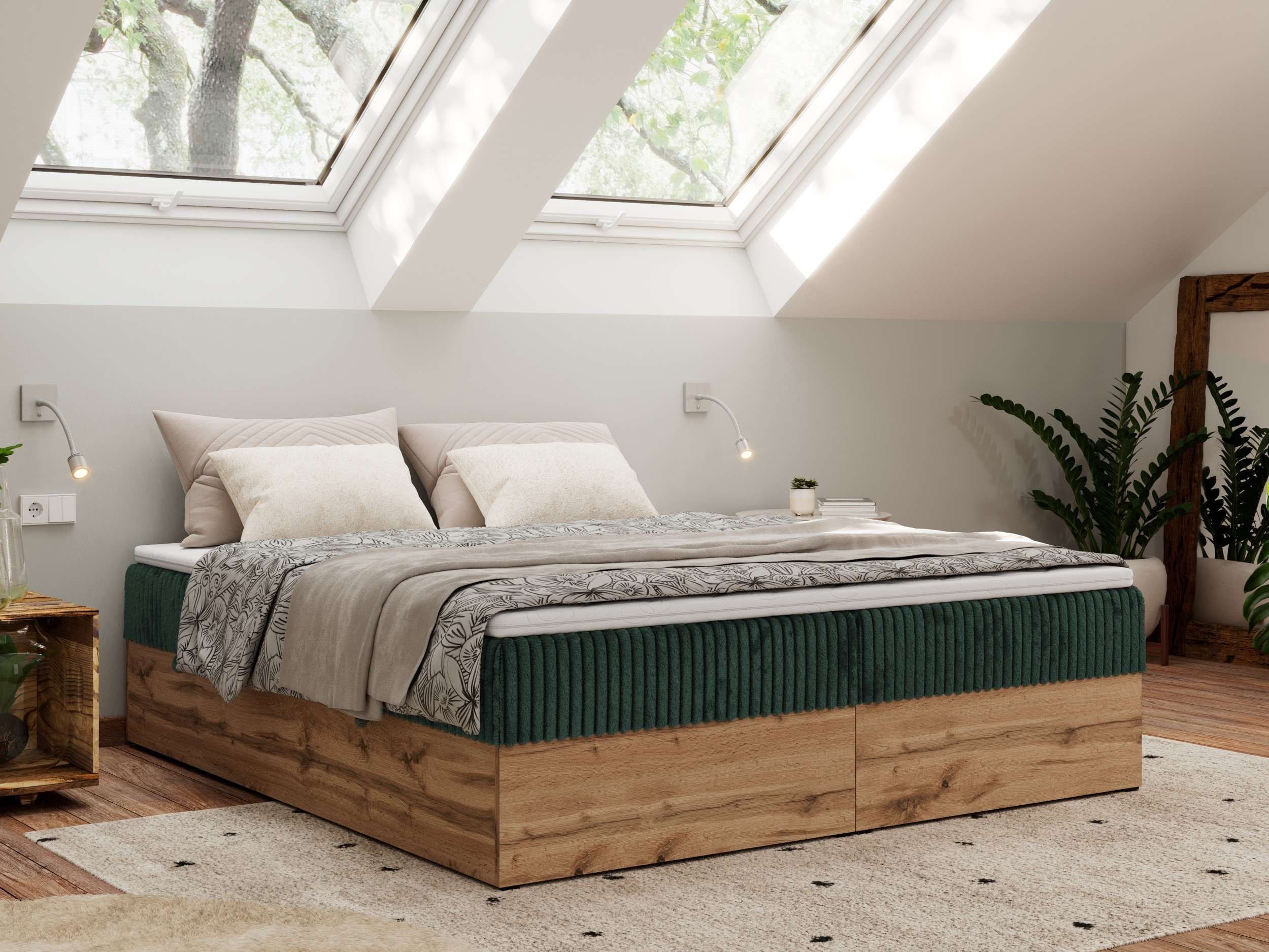 MKS MÖBEL Boxspringbett WOOD ZERO (Set, Bett, Polsterbett mit integrierten Matratzen, 2 Bettkästen, H3/H4), Topper T25 oder Visco optional, ohne Kopfteil