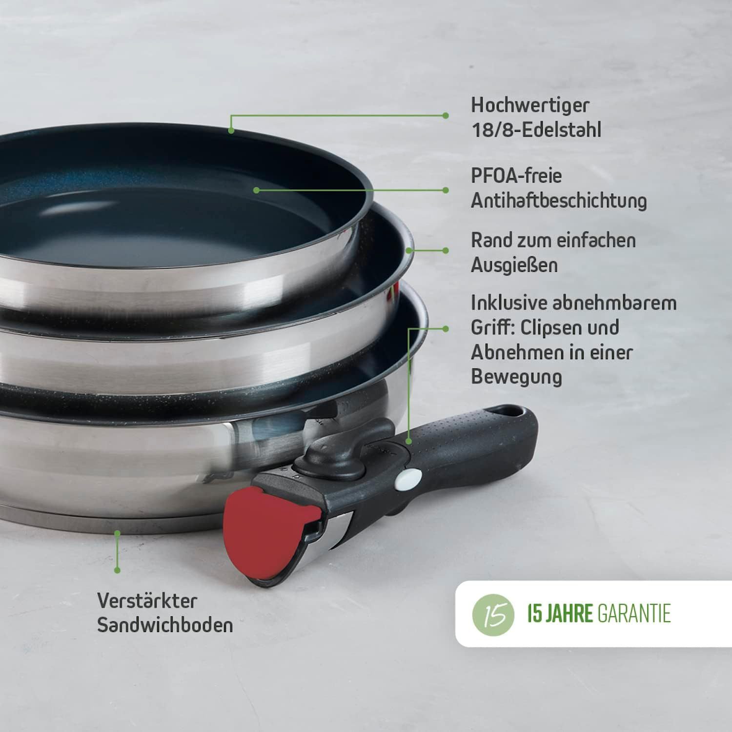 QDesign by Sauter Pfannen-Set QDesign mit abnehmbarem Griff, Edelstahl 18/10 (4-tlg)