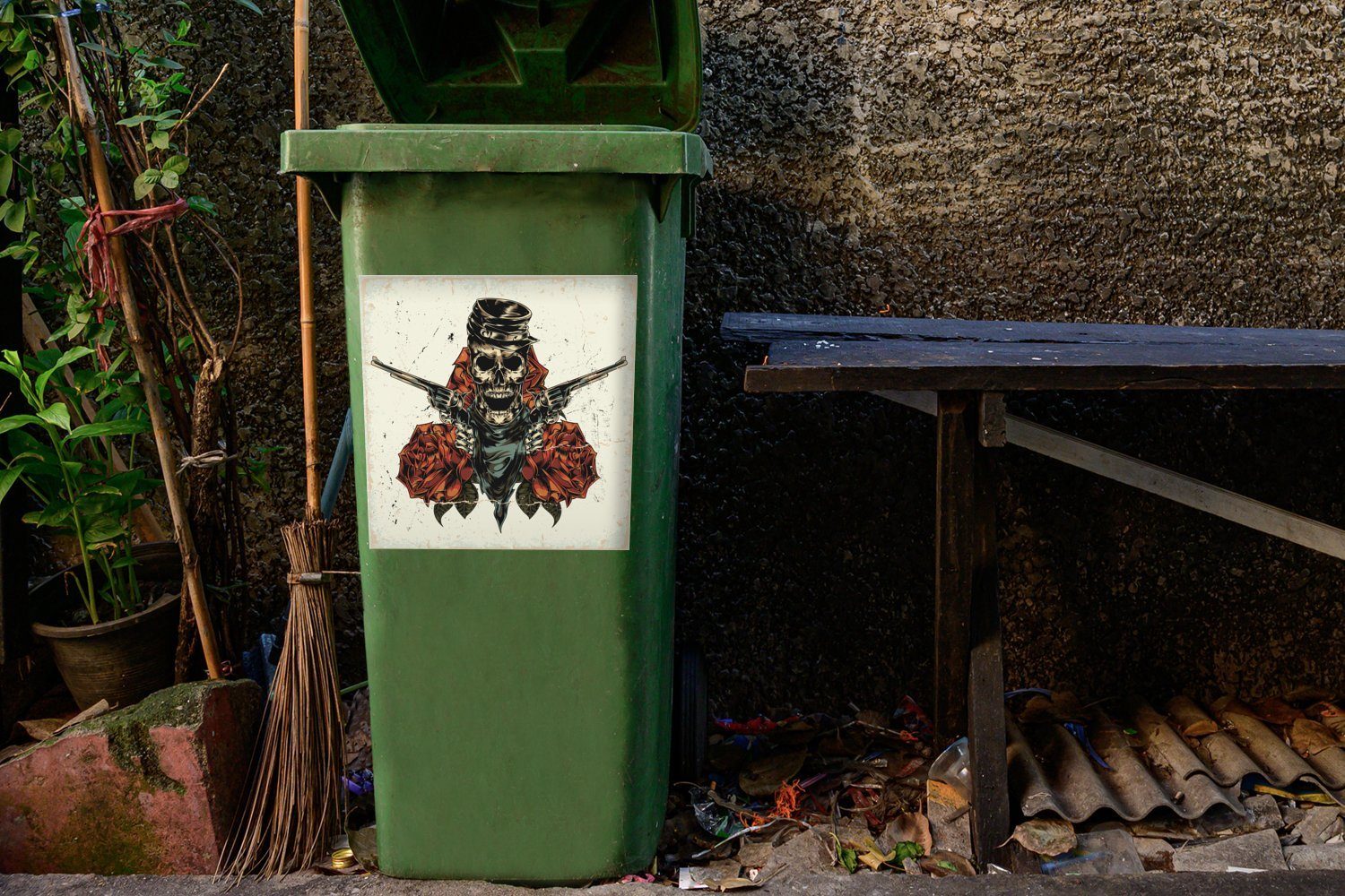 Eine mit Sticker, MuchoWow St), eines Revolvern Container, Mülleimer-aufkleber, und Totenkopfes Rosen Abfalbehälter (1 Wandsticker Illustration Mülltonne,
