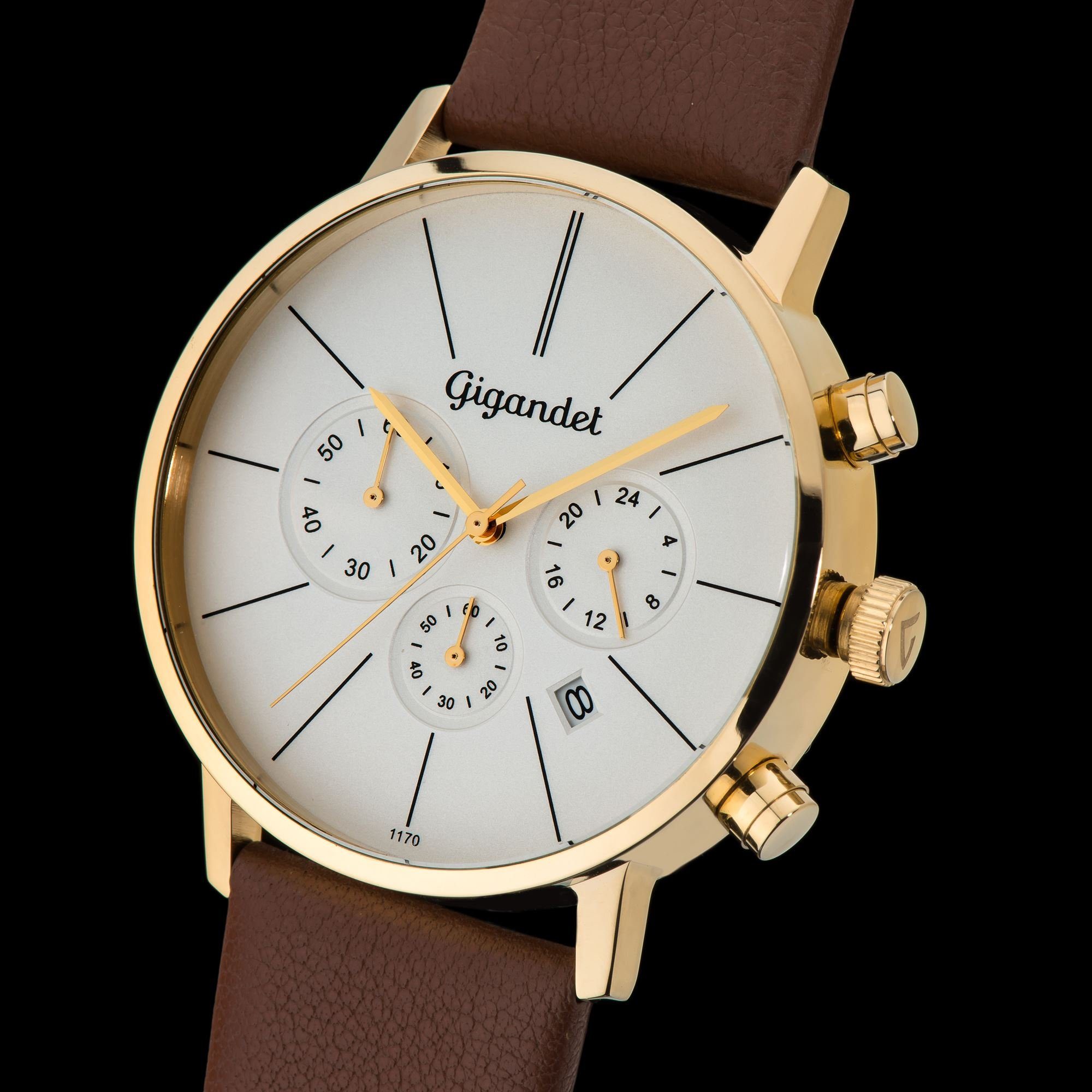 Gigandet Chronograph MINIMALISM Armbanduhr Uhr Damenuhr Herrenuhr Unisex weiß gold braun G32-003, Lederarmband, Edelstahlgehäuse, 3ATM wasserdicht, Modell G32-003