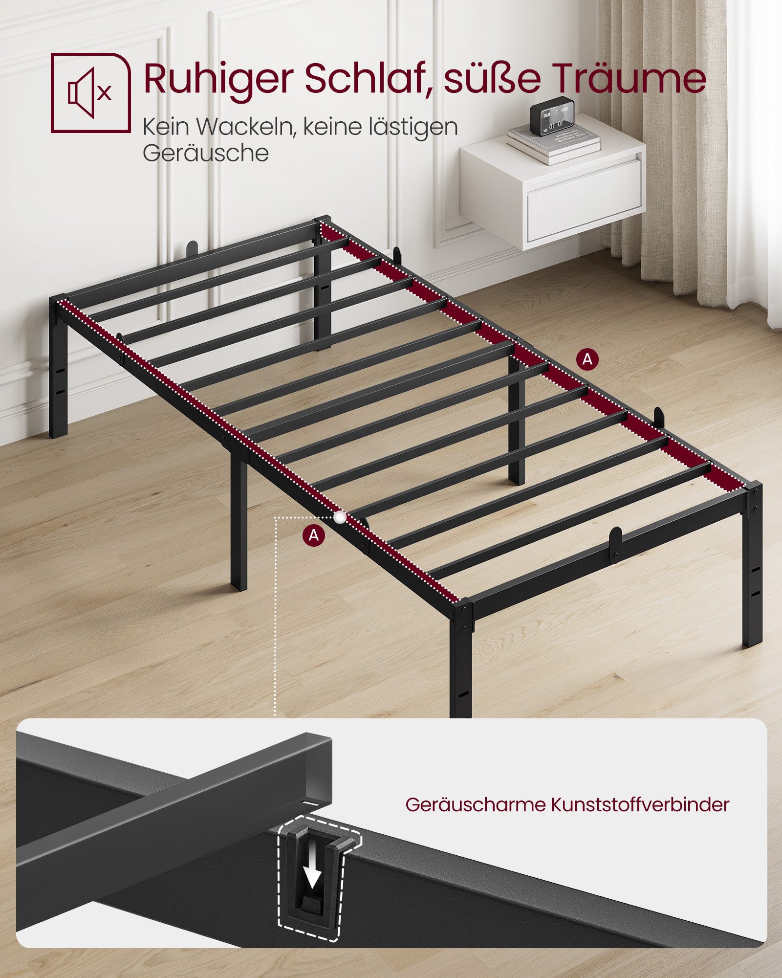 VASAGLE Bettgestell (90 x 200 cm, 40.6 cm H, geräuscharm), Metallbett, Bettrahmen, hochtragfähig, mehrfachgrößen-Option