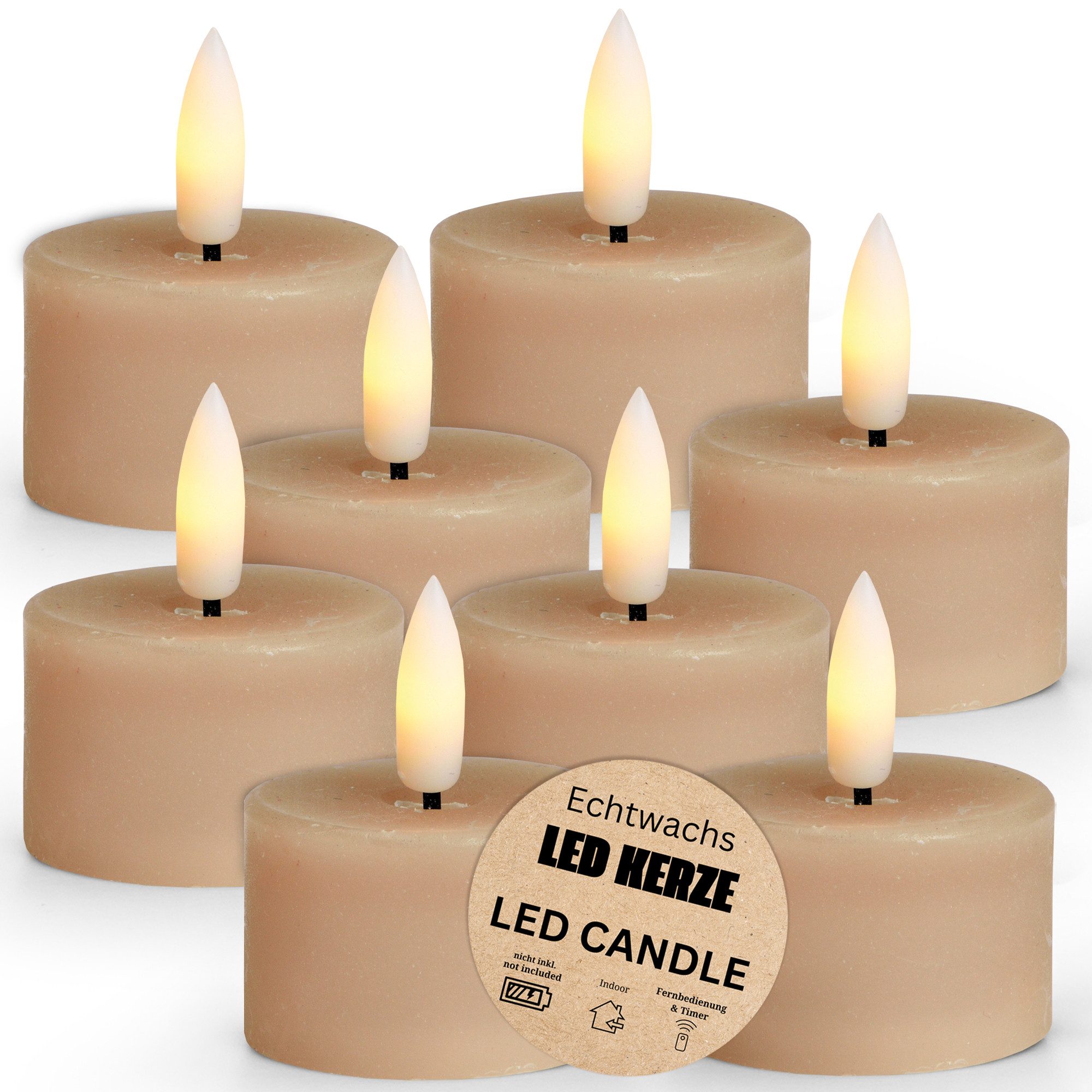 matches21 HOME & HOBBY Tafelkerze LED Teelichter 8er Set Wachs, Flamme flackernd, ca Ø 4x4 cm, Beige (8-tlg), Echtwachskerze praktisch mit Timerfunktion