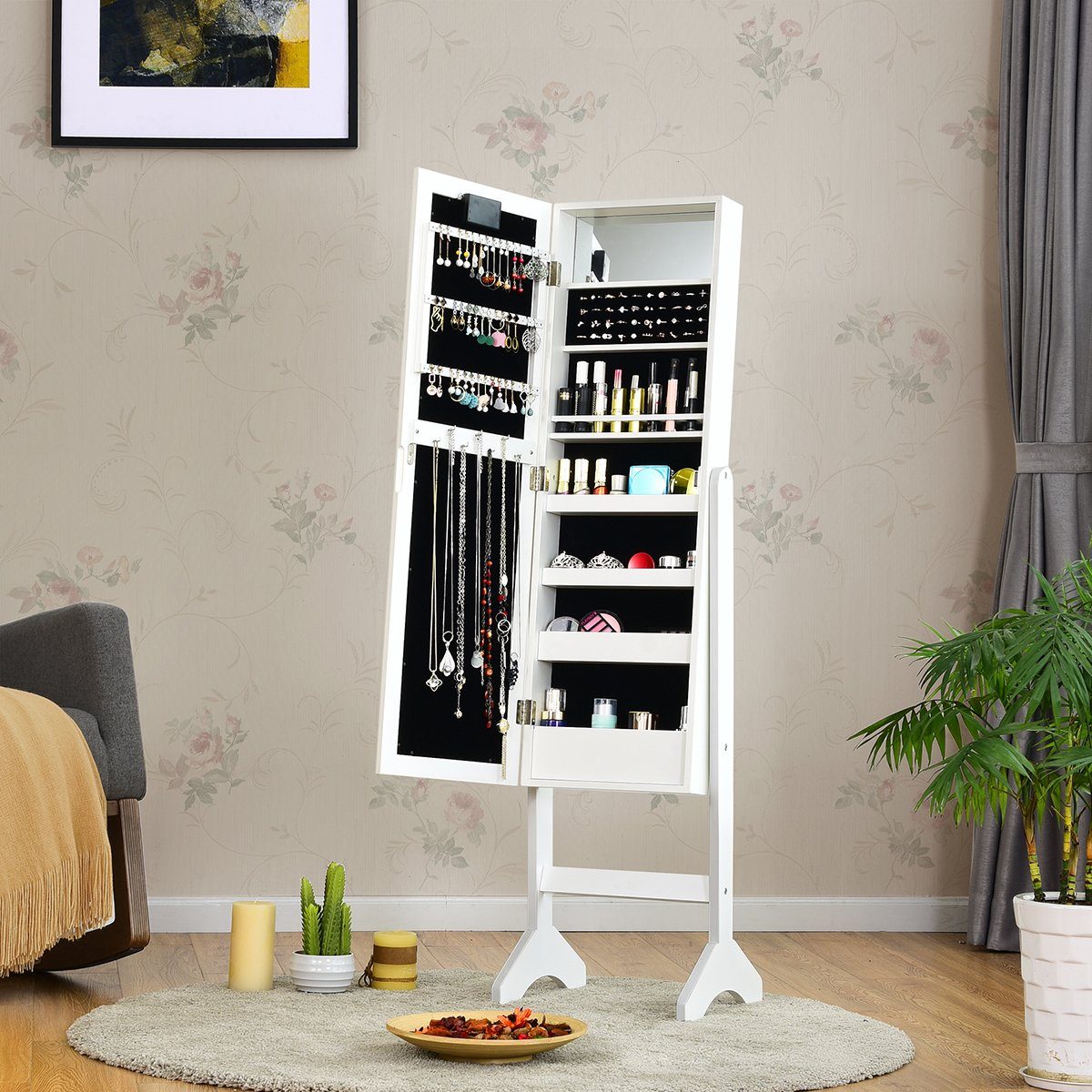 COSTWAY Schmuckschrank stehend, mit LED und Spiegel,neigbar, 35×31,5x145cm