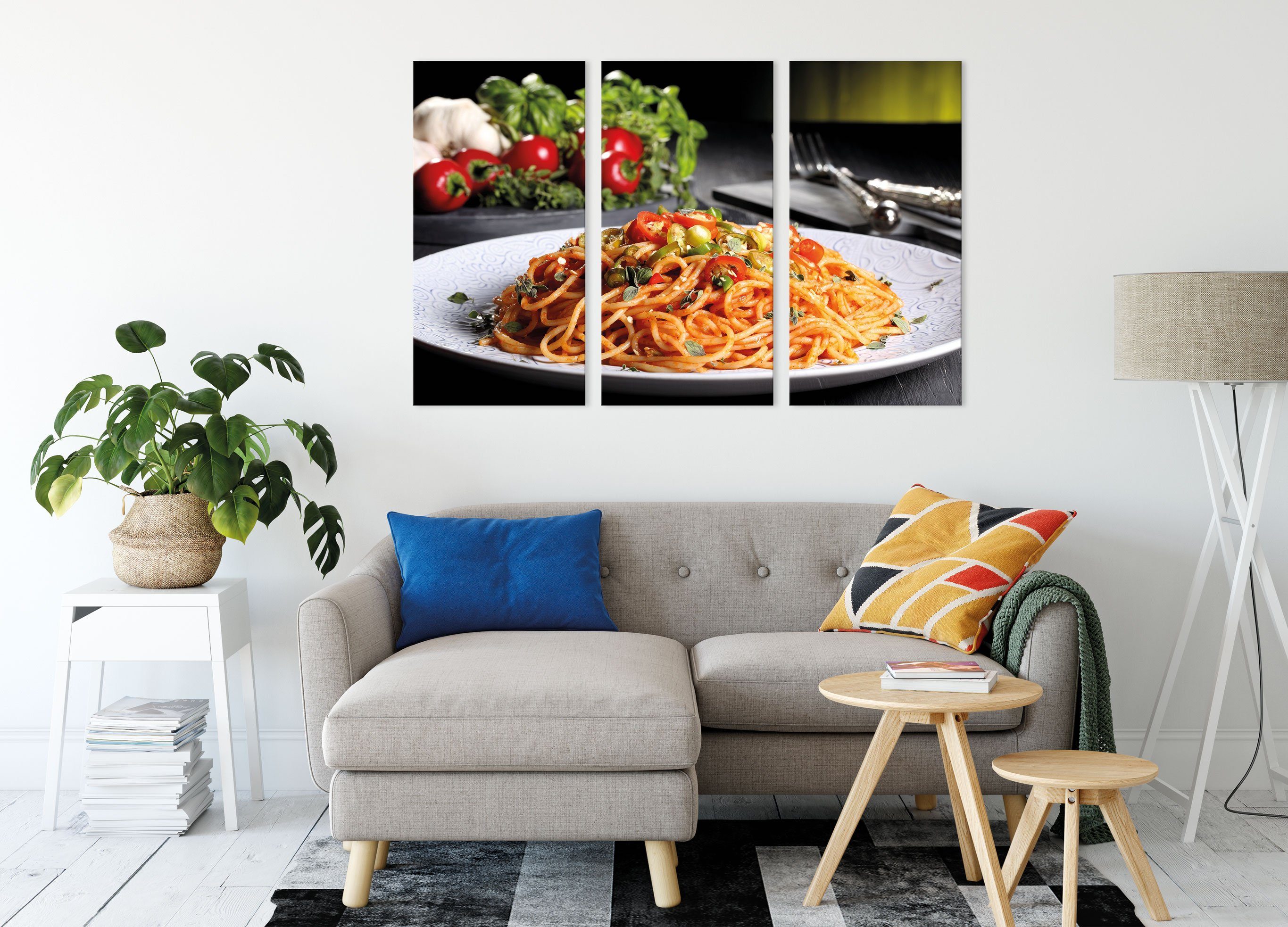 inkl. Spaghetti bespannt, Italia Leckere 3Teiler (1 Leinwandbild Leinwandbild Spaghetti Pixxprint St), Leckere Italia, (120x80cm) fertig Zackenaufhänger