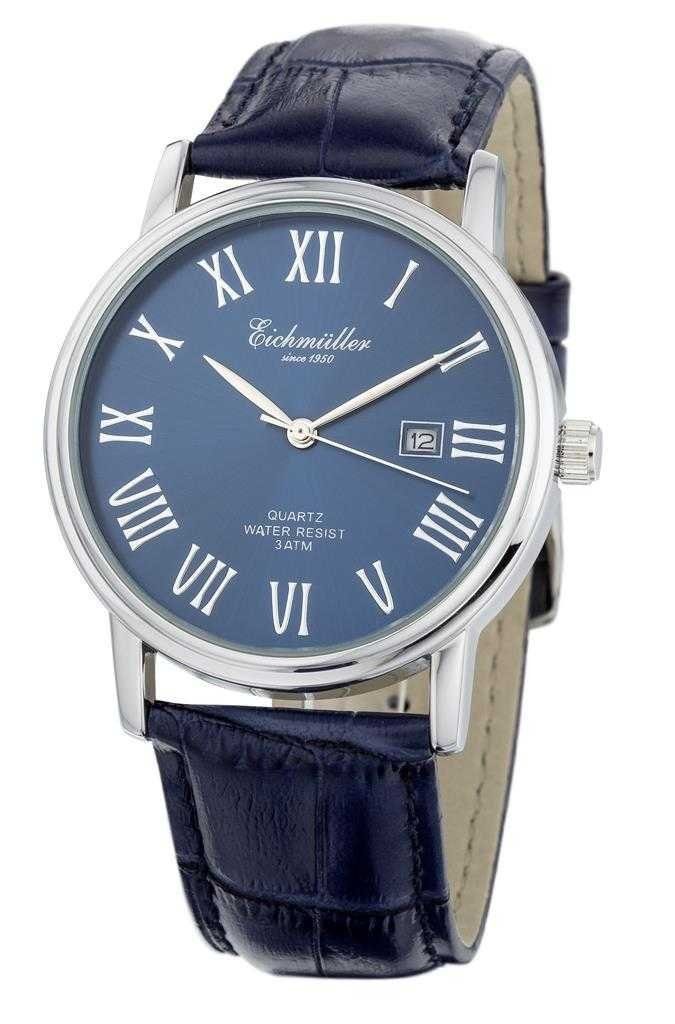 Eichmüller Quarzuhr Herrenuhr 7048-03 Lederband Dunkelblau 39 mm