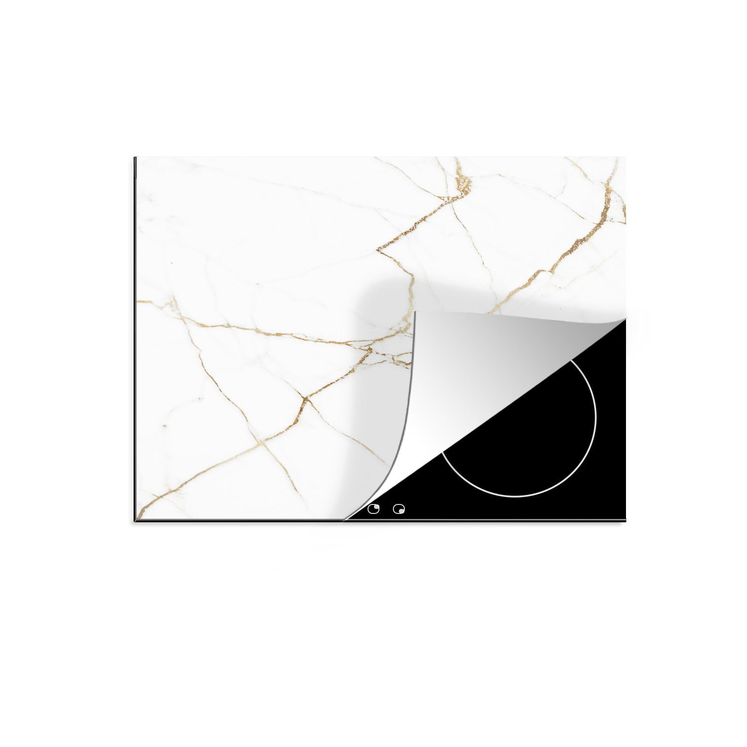 MuchoWow Herdblende-/Abdeckplatte Marmor - Weiß (1 tlg), Mobile cm, Gold, nutzbar, Ceranfeldabdeckung - 60x52 Vinyl, bunt Arbeitsfläche