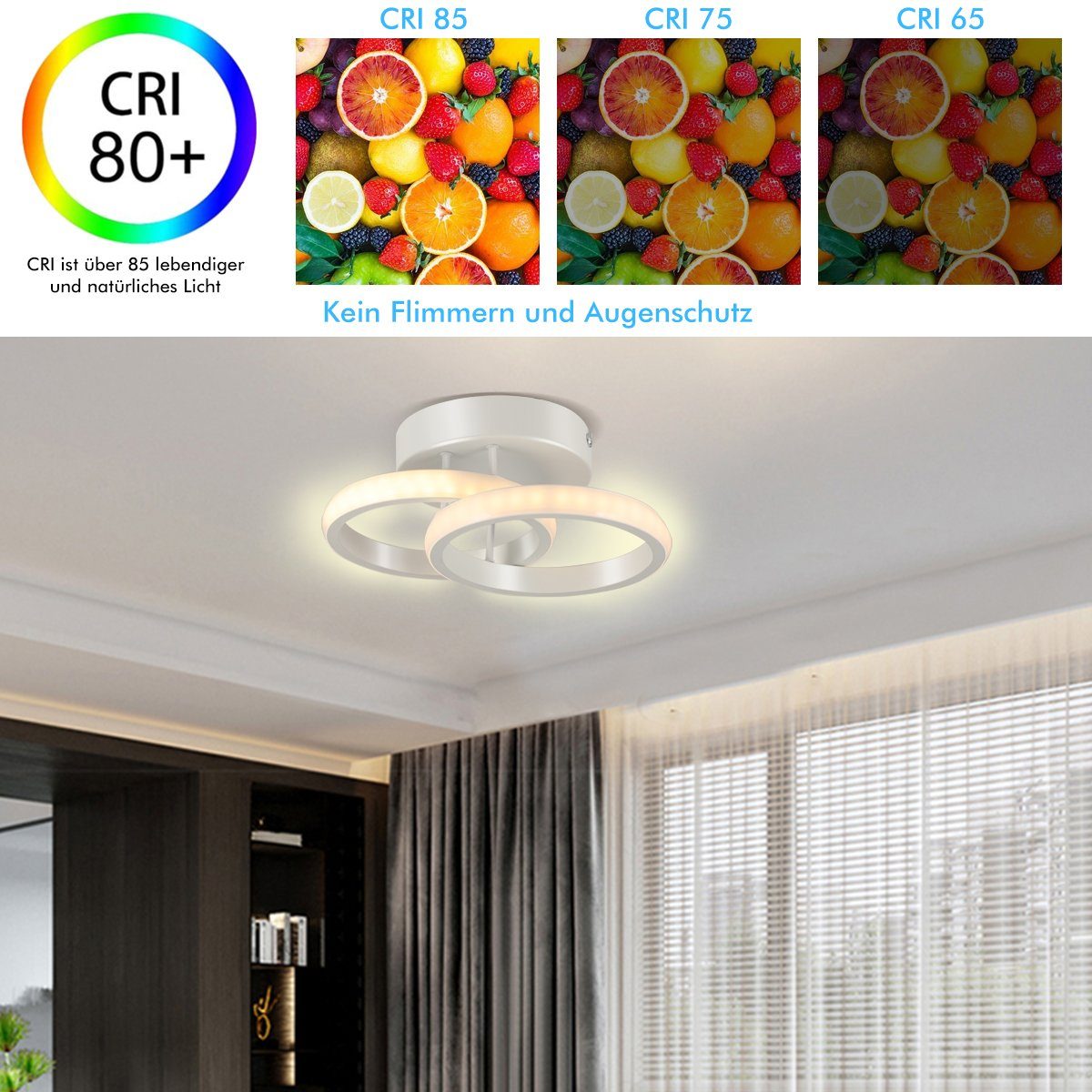 Deckenleuchte Warmweiß/Neutralweiß/Kaltweiß, LED fest Deckenlampe Runde Design-Deckenlampe Dimmbar, 3-Farbige Moderne für Flur, integriert, Bad, LED Wandlampe, oyajia 18W Küche Schlafzimmer, Deckenleuchte,2-Apertur, 18W IP54