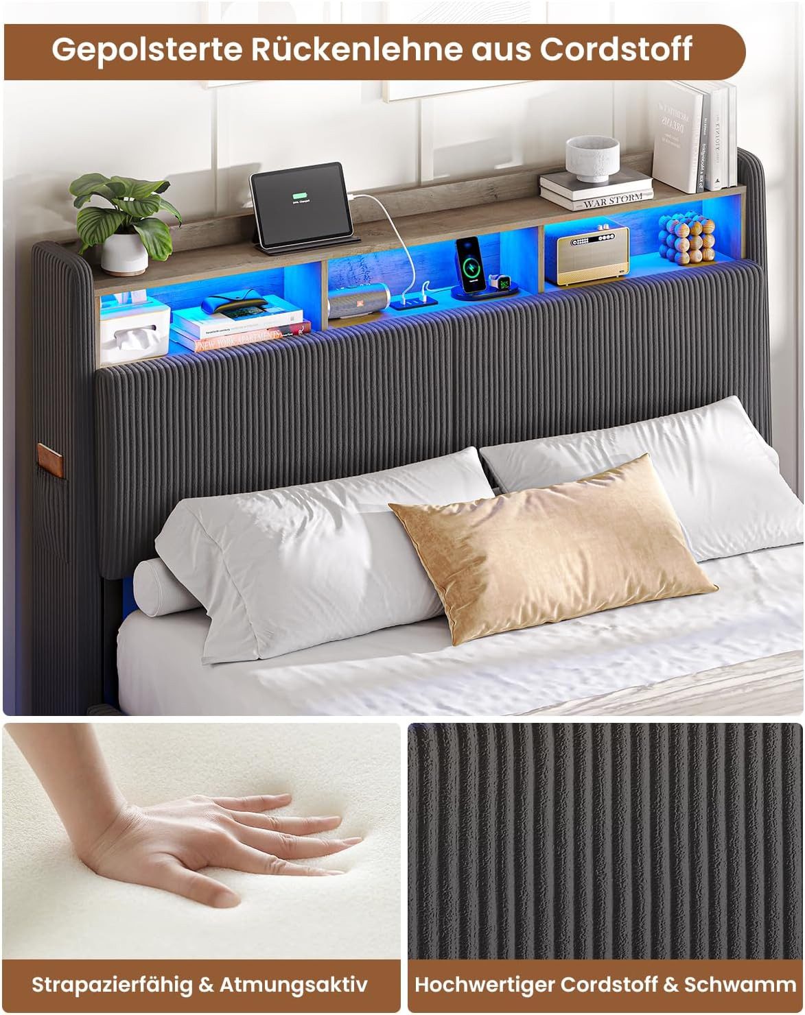 MSMASK Polsterbett Schwebebett mit 270°-LED-Beleuchtung, USB & Type-C Ladestation (Ohne Matratze), Doppelbett mit Stauraum-Kopfteil 140x200 cm – Bild 4 von 5