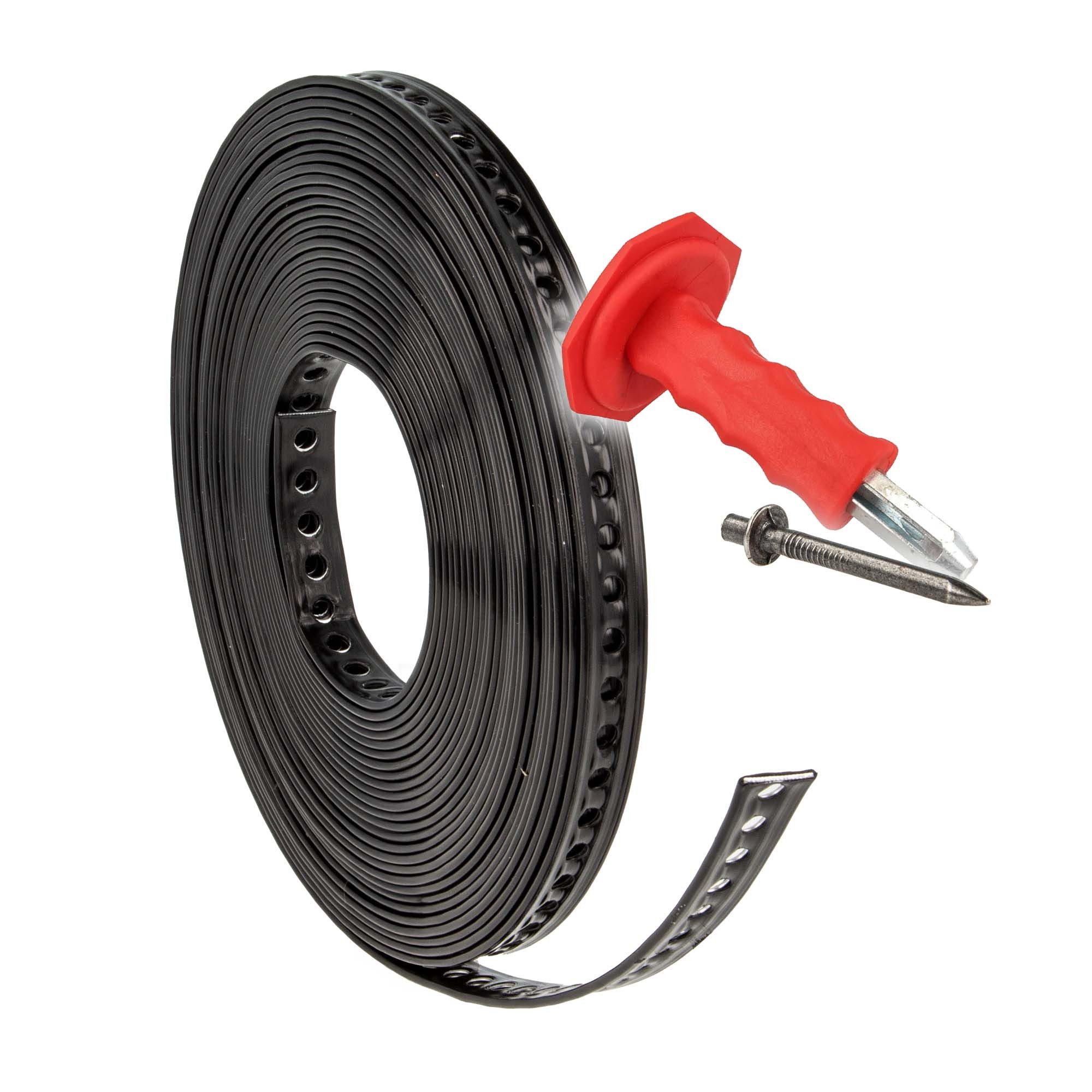 tecuro Lochband Lochband 14 mm x 10 m Rolle Stahl - Kunststoff ummantelt mit Zubehör (Mit Einschlagdübeln Ø 4x18 mm (200 Stück);inkl. Setzeisen)