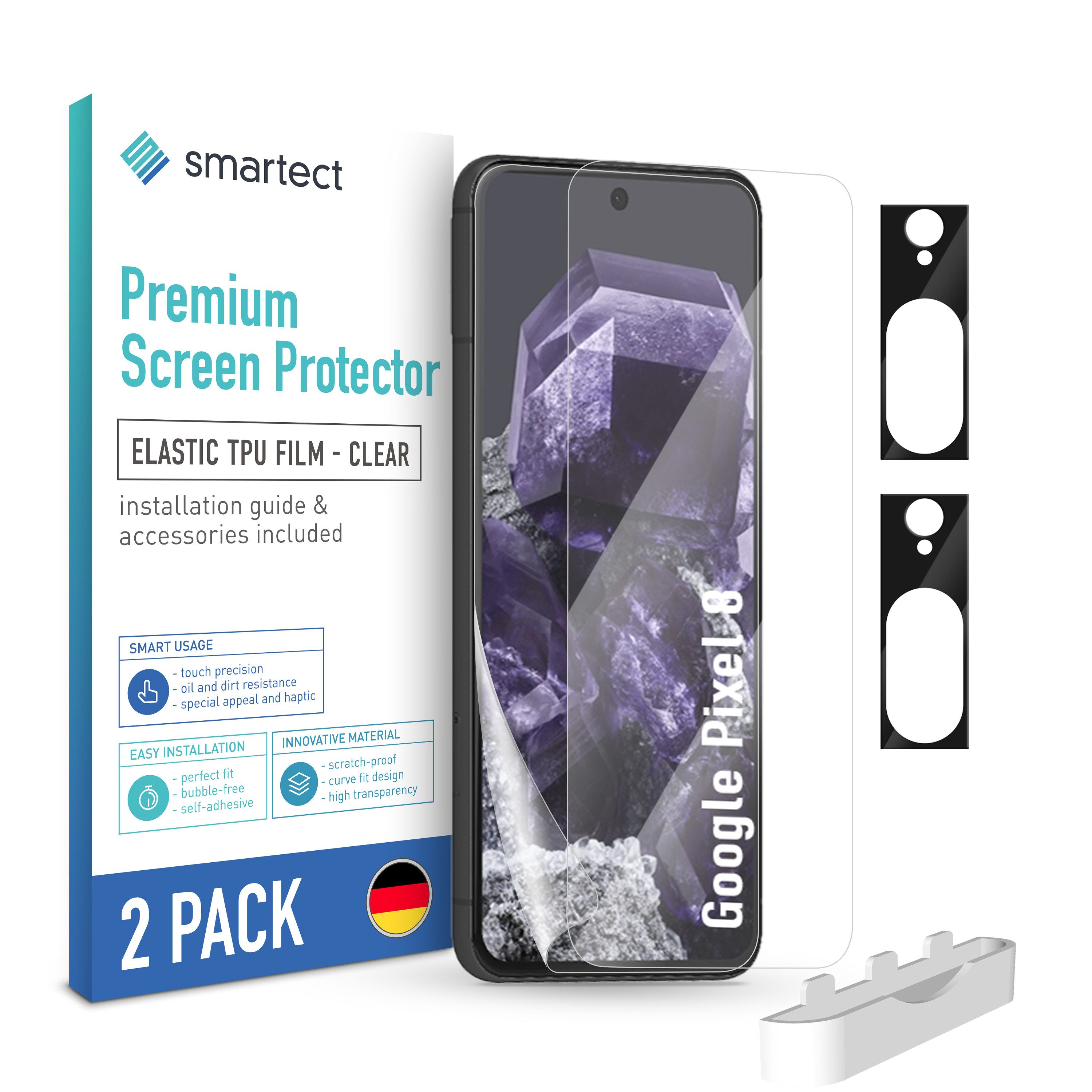 smartect Displayschutzfolie TPU Schutzfolie Klar 2 + 2 Stück für Google Pixel 8 (Display + Kamera) für Google Pixel 8, Set, 2 Stück, Ultra-klar, Kratzfest, Blasenfrei, Oleophob, Fingerabdruck kompatibel