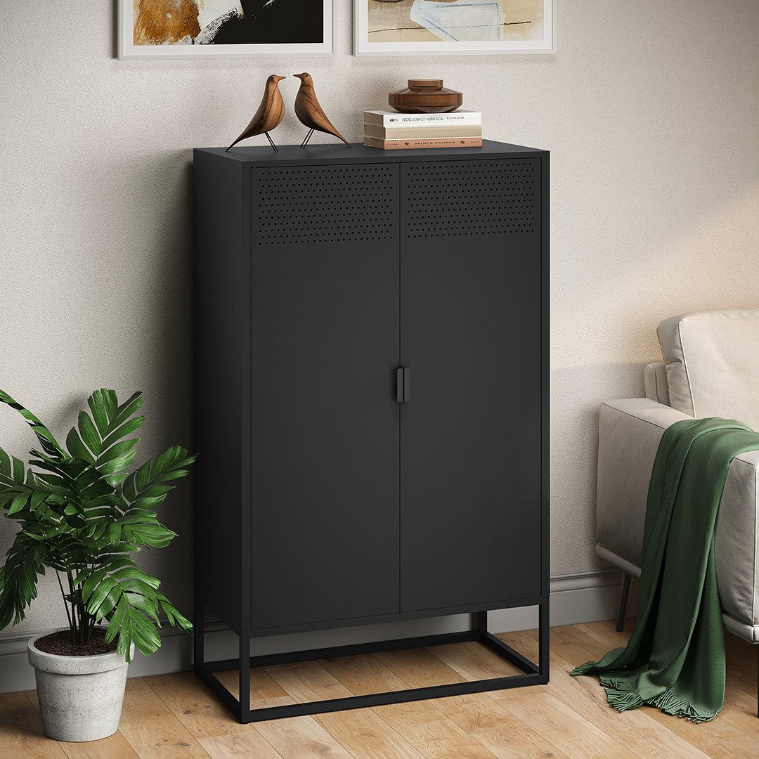 skølm Kommode Izar aus Metall (Schwarz), Highboard mit Doppeltür & höhenverstellbare Einlegeböden