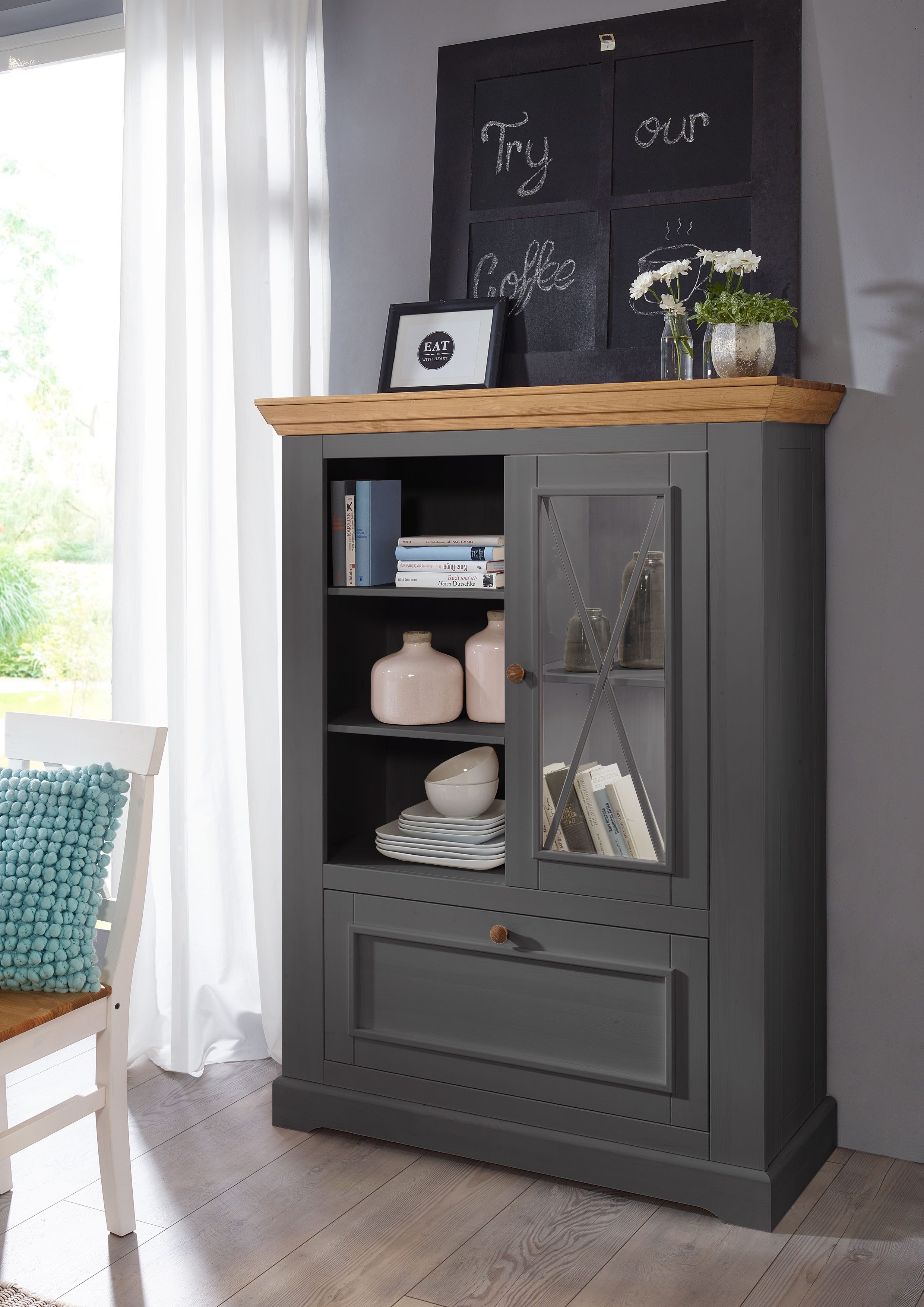 Woodroom Highboard Oslo (108 x 152 x 42 cm), Kommode, massive Kiefer grau gewachst