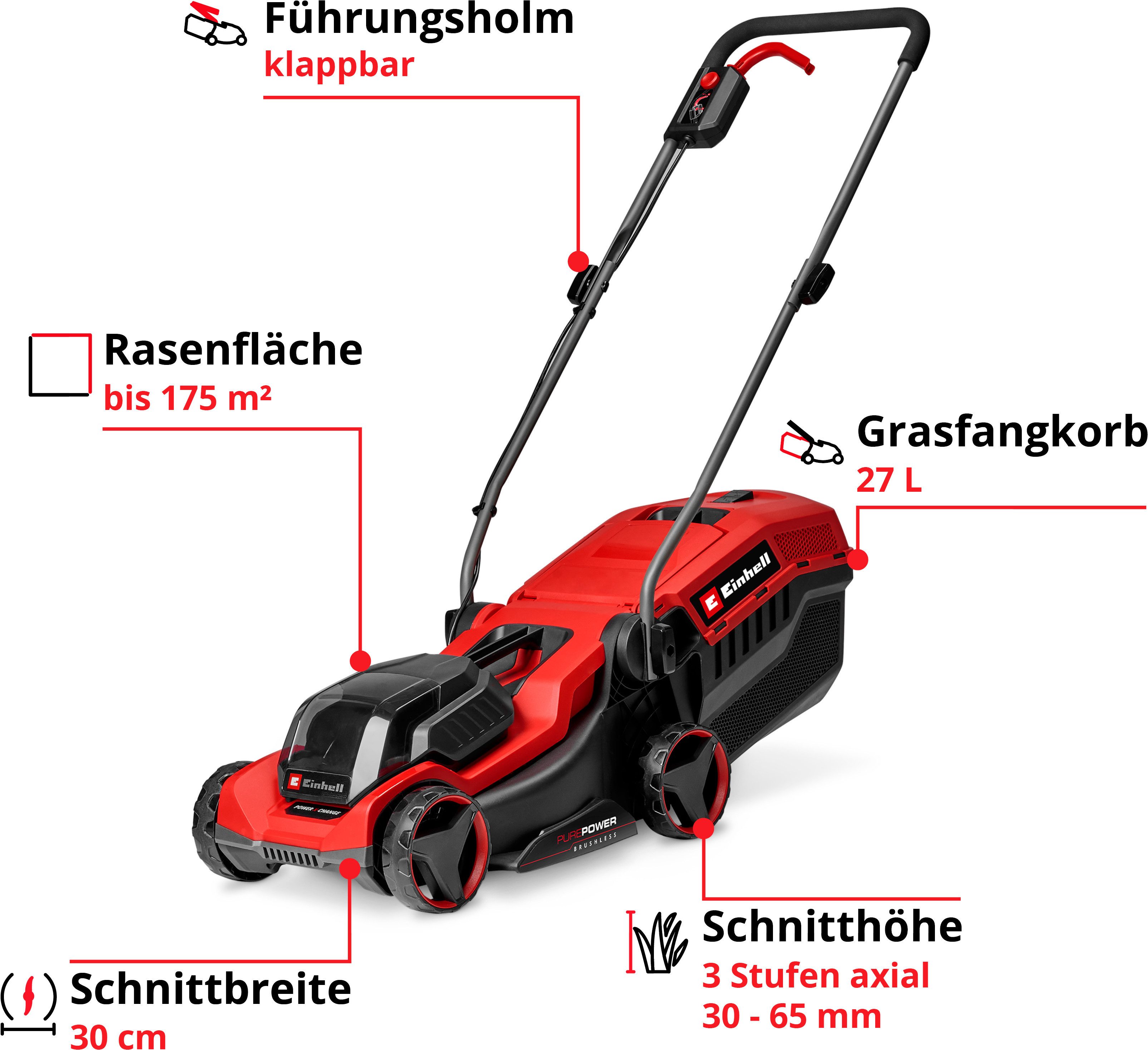Einhell Akkurasenmäher GE-CM 18/30-1 Li BL-Solo, 30 cm Schnittbreite, ohne Akku und Ladegerät