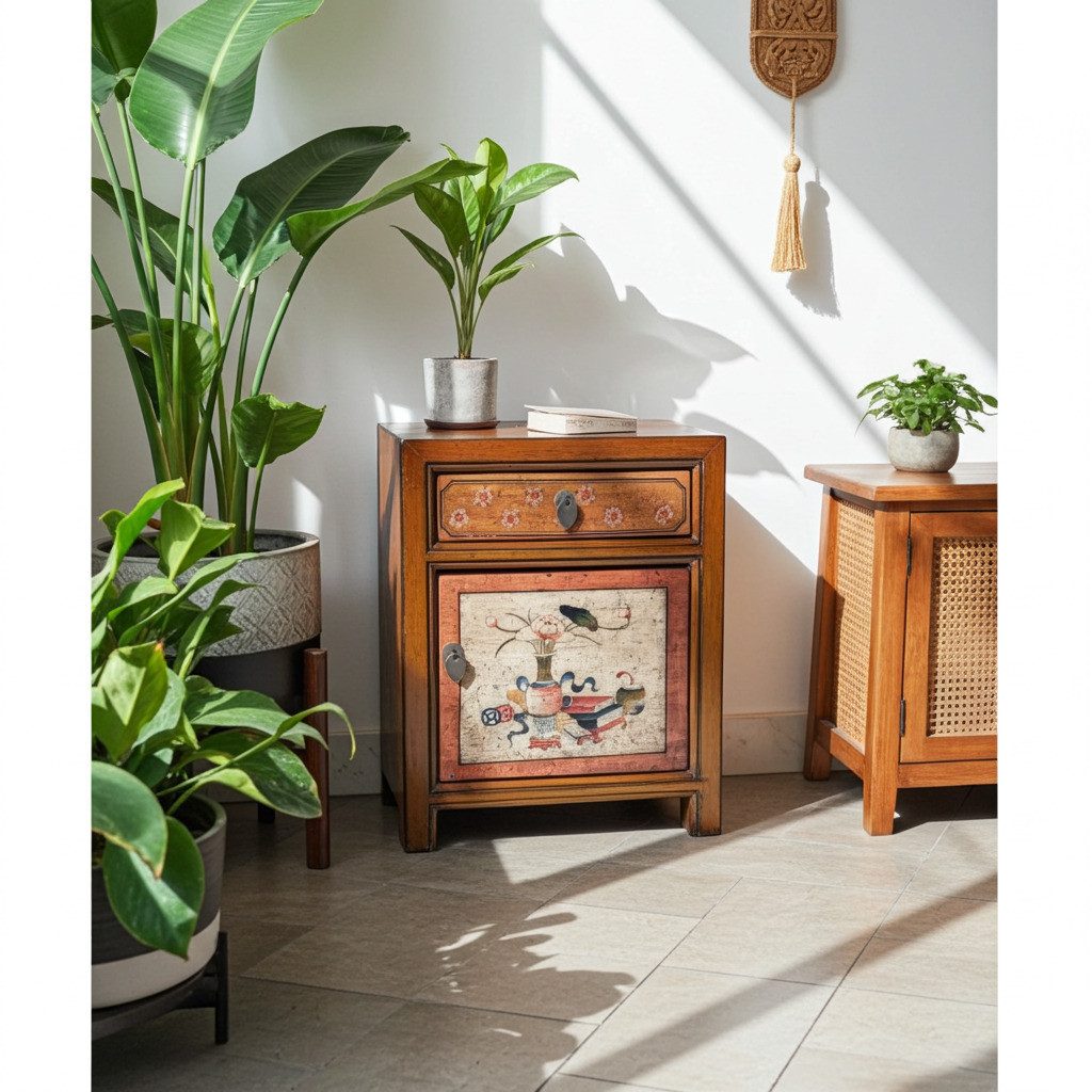 OPIUM OUTLET Nachttisch Nachtkästchen Nachtschrank Schränkchen Nachtkonsole (Breite x Tiefe x Höhe: 45 x 33 x 55 cm / Kommode Vintage-Stil, Asia Möbel komplett montiert), asiatisch chinesisch orientalisch