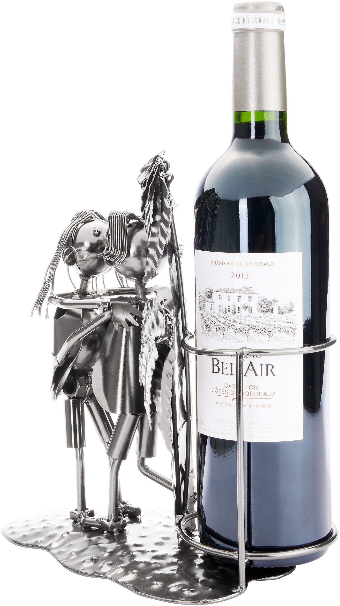 BRUBAKER Weinflaschenhalter Liebespaar mit Palmen - Metall Flaschenhalter Urlauber Paar am Strand, (1-St., Wein Geschenk zum Valentinstag), 24 cm Flaschenständer Dekoration mit Grußkarte