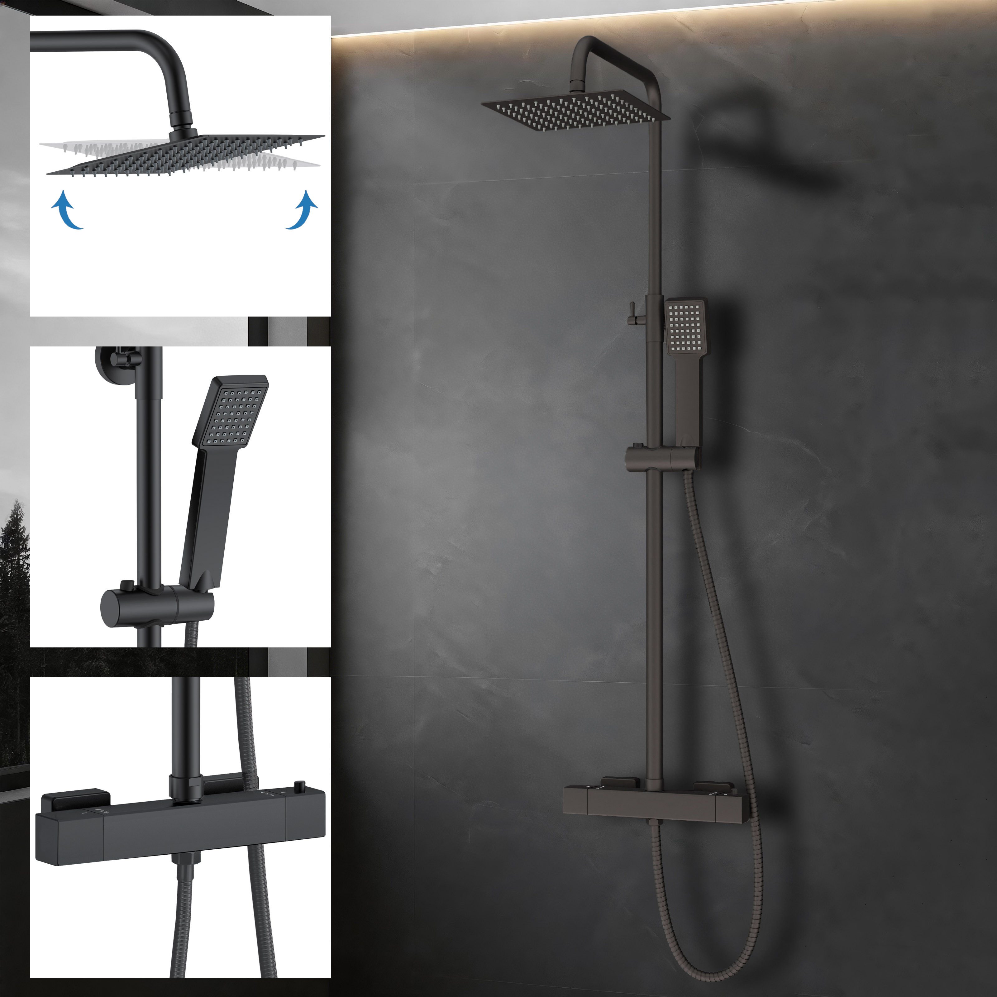 duschspa Duschsystem Duschset mit Thermostat 38℃ verstellbare Duschstange aus Edelstahl, 2 Strahlart(en), Regendusche mit quadratischem Duschkopf 20x20cm