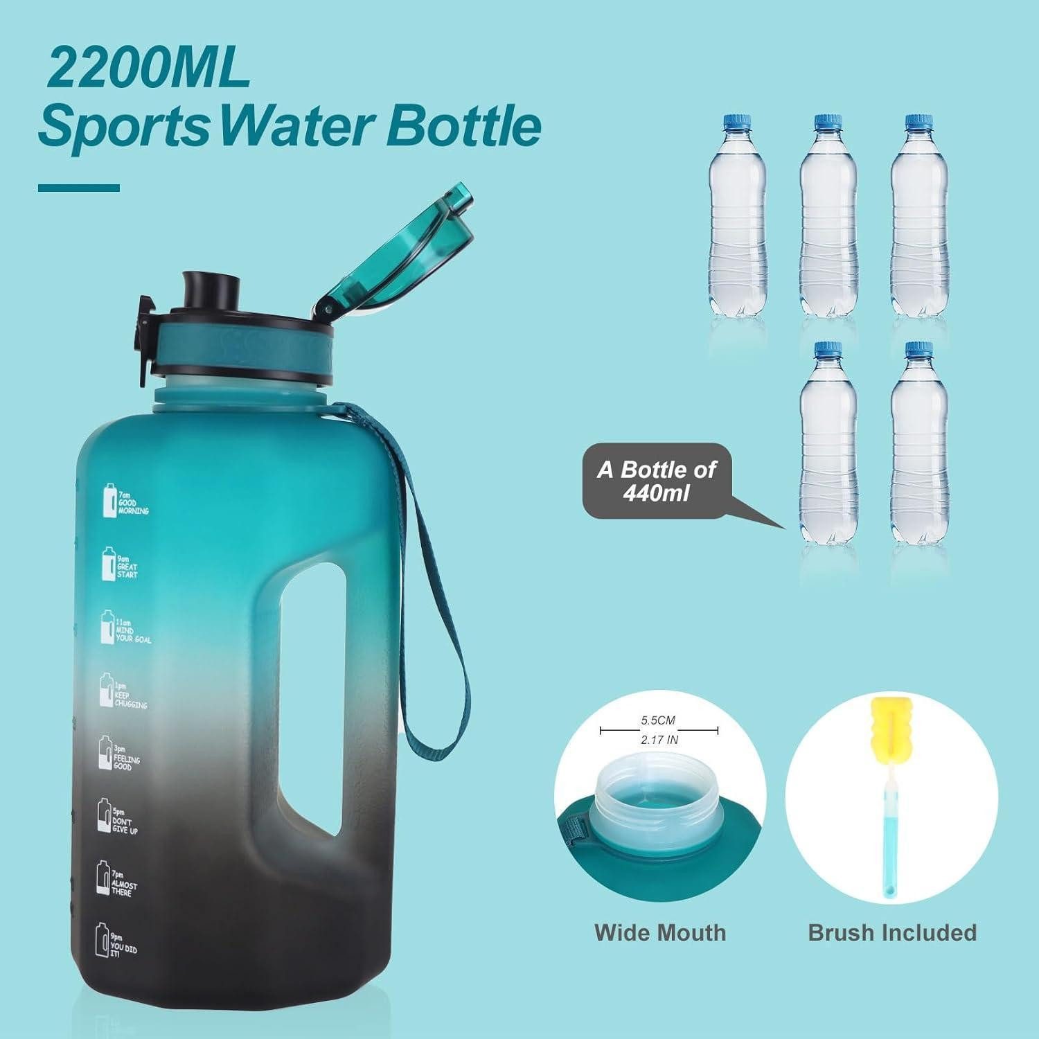 LuxusKollektion Trinkflasche Trinkflasche 2.2 Liter BPA Frei Zeitmarkierungen Training Grün Schwarz